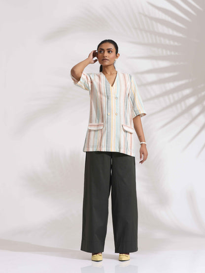 trueBrowns Off-White Cotton Stripe Jacket Top Co-ord Set - Distacart