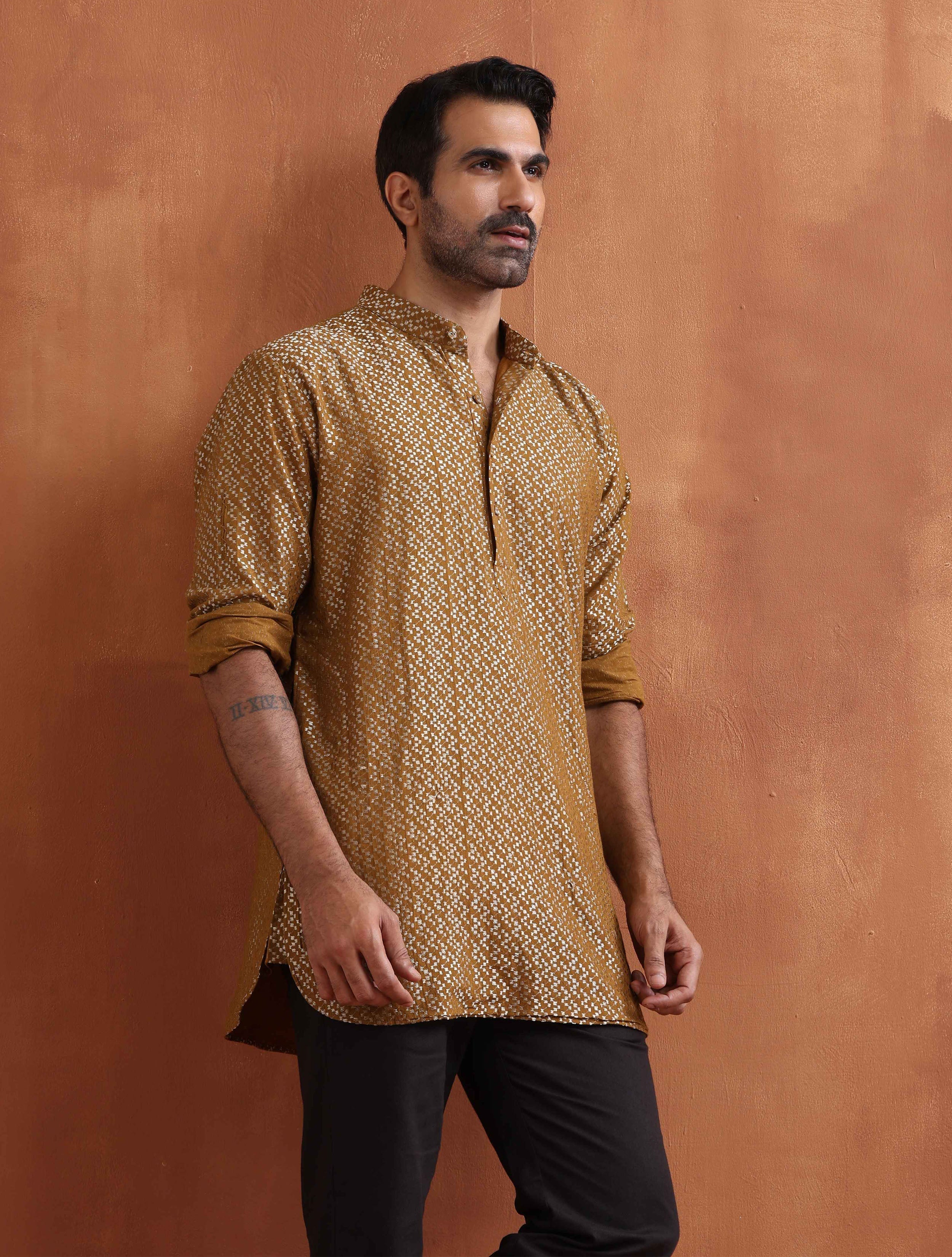 trueBrowns Men's Mustard Cotton Dobby Short Kurta - Distacart