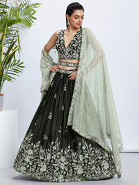 Thumbnail for House of Panchhi Turquoise Blue Georgette Sequins And Thread Embroidery Lehenga Choli & Dupatta - Distacart