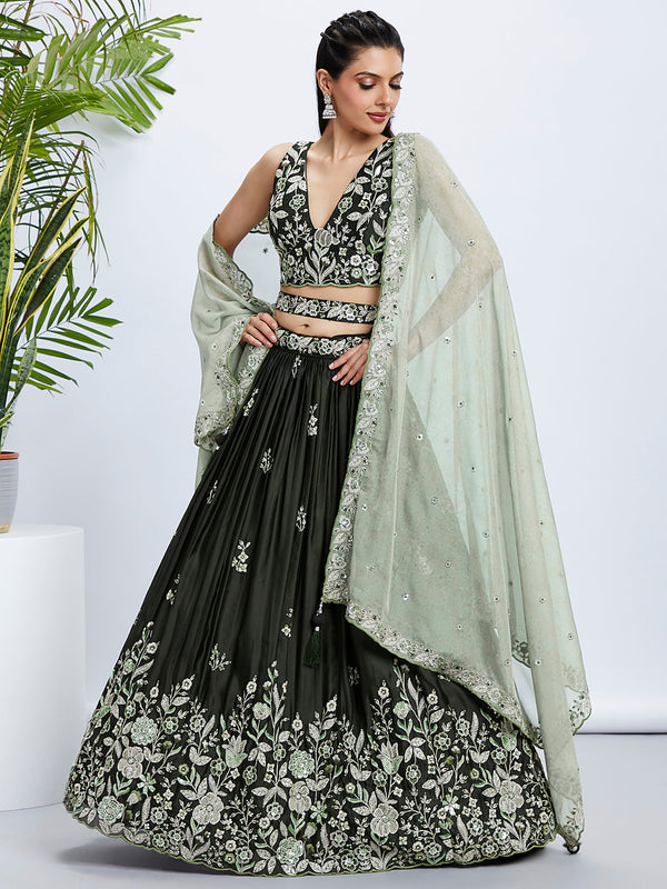 House of Panchhi Turquoise Blue Georgette Sequins And Thread Embroidery Lehenga Choli & Dupatta - Distacart