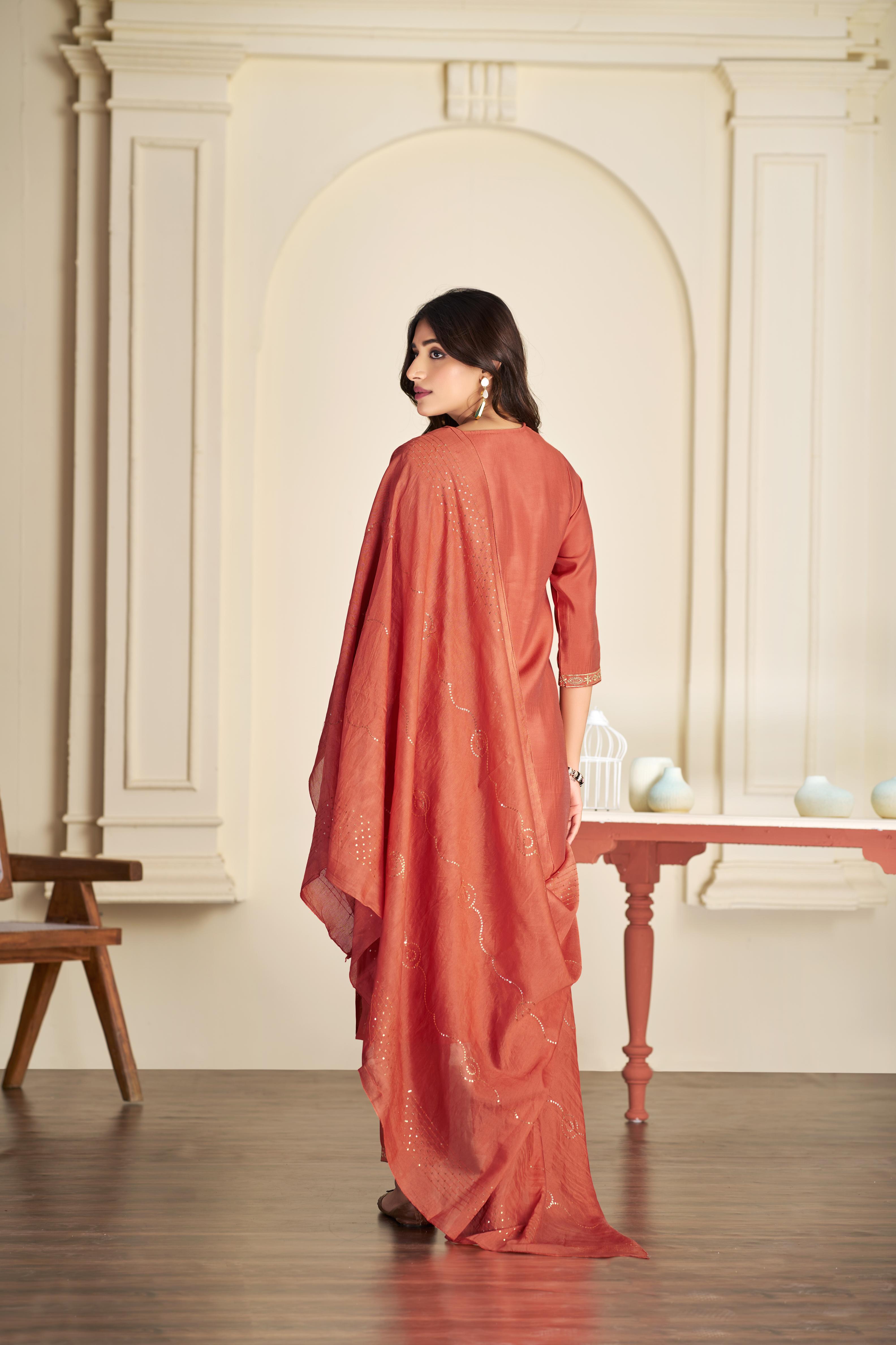 BulBul Mira Rust Silk Kurta Set with Dupatta
