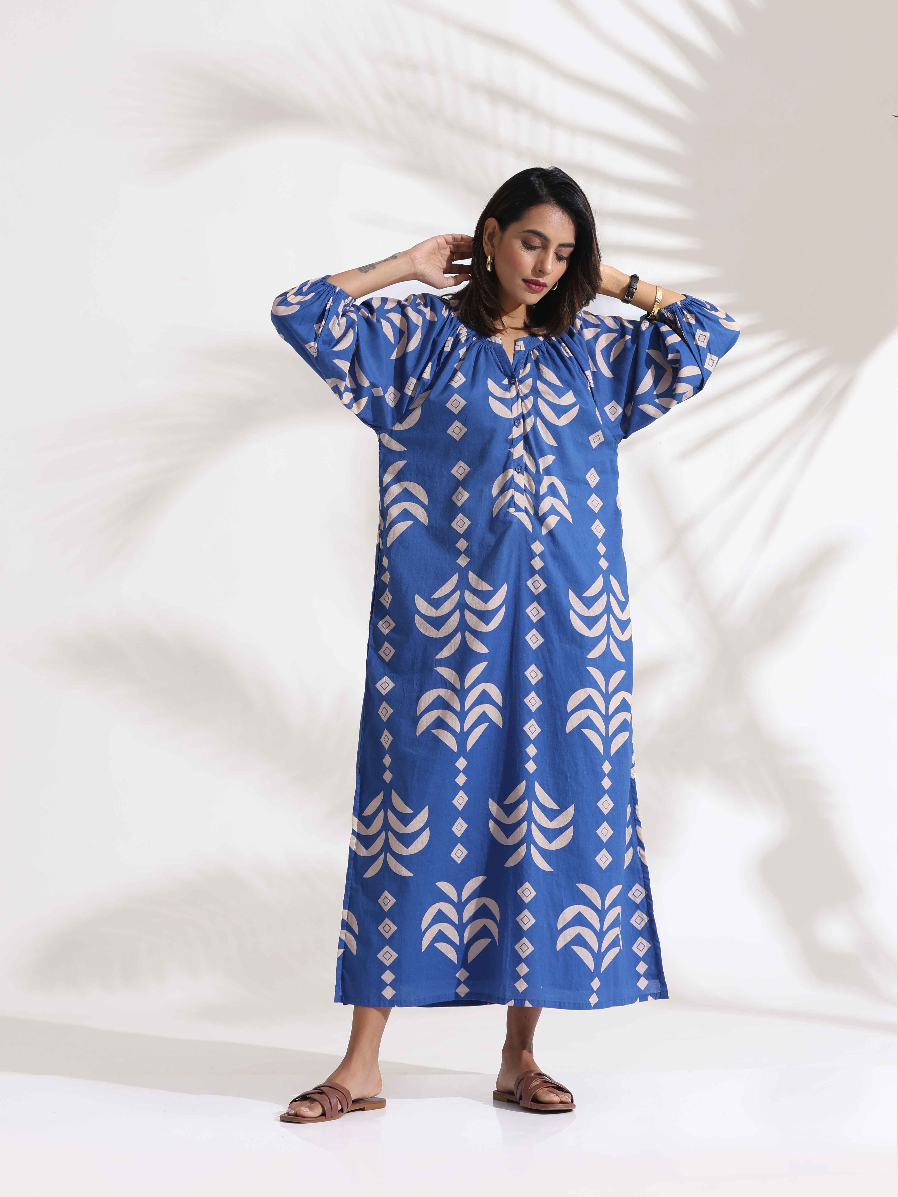 trueBrowns Blue Cotton Print Dress - Distacart