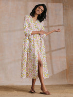 Thumbnail for trueBrowns Pink Yellow Floral On White Block Print Cotton Wrap Dress | Relove