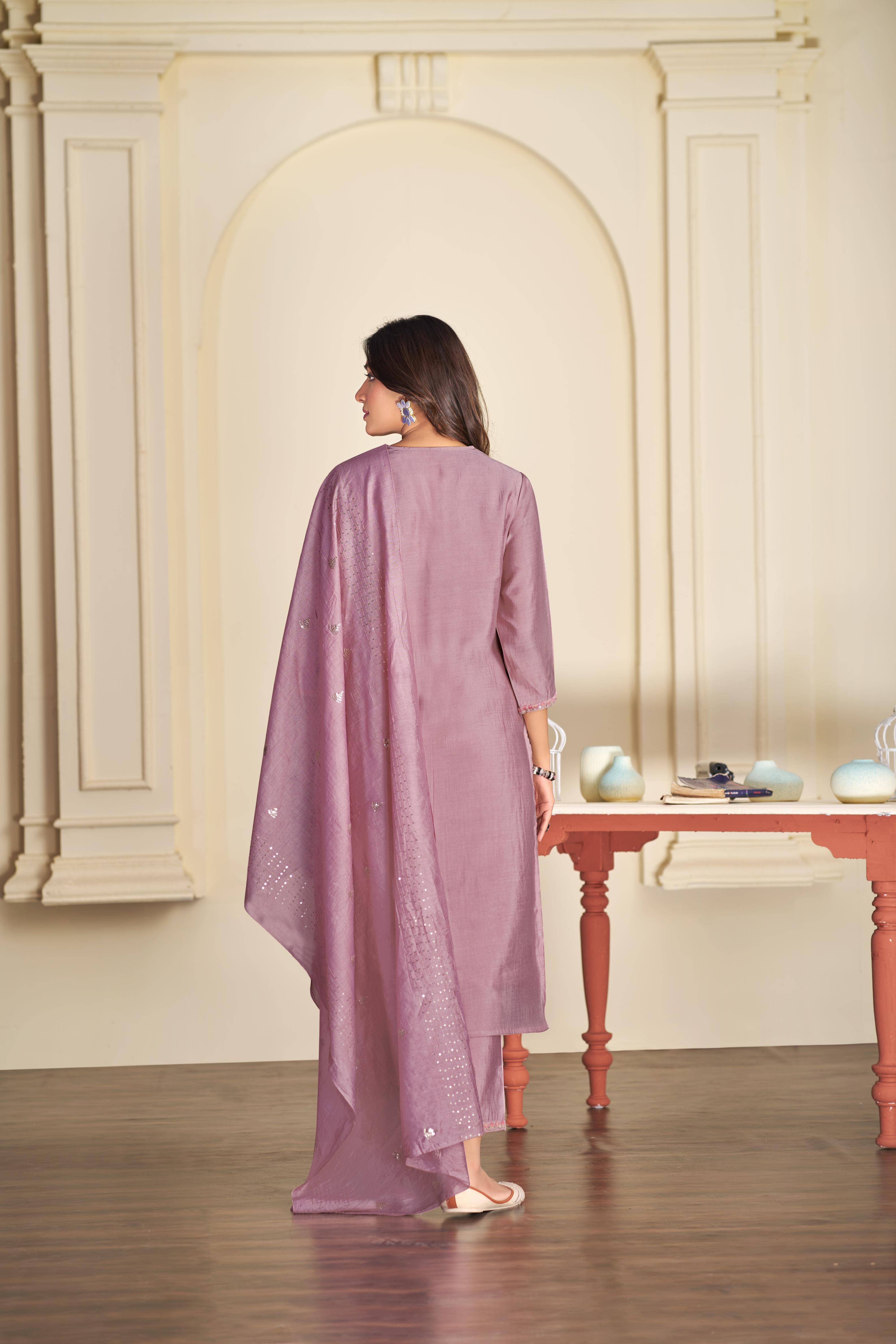 BulBul Preksha Mauve & Green Embroidered Roman Silk Salwar Suit