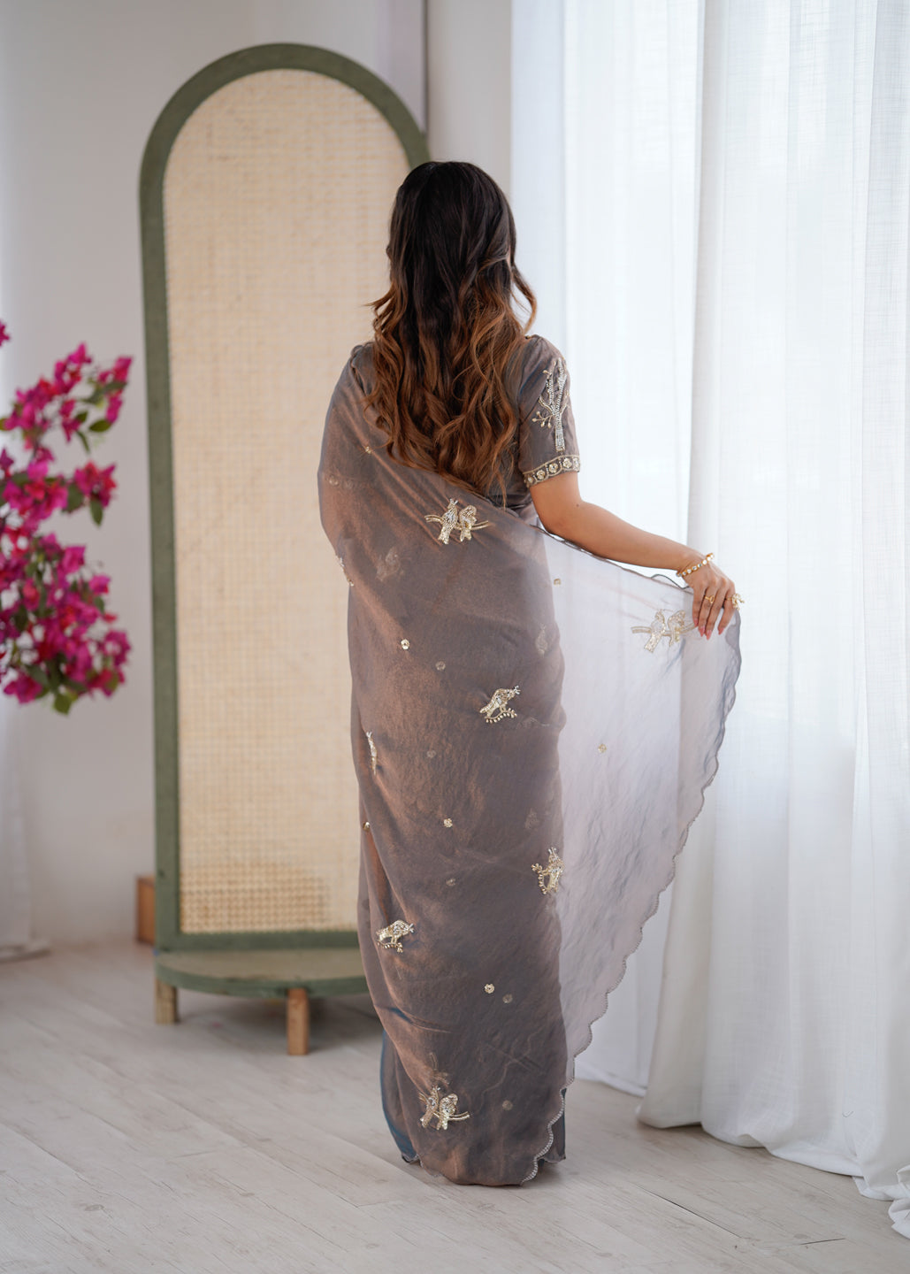 Evanik Grey Mos Silk With Handwork Butterfly Design Saree With Unstitched Blouse