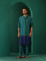 Thumbnail for trueBrowns Men's Blue Color Block Silk Long Kurta - Distacart