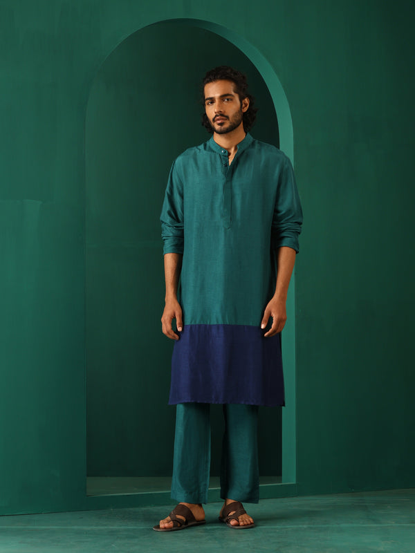 trueBrowns Men's Blue Color Block Silk Long Kurta - Distacart