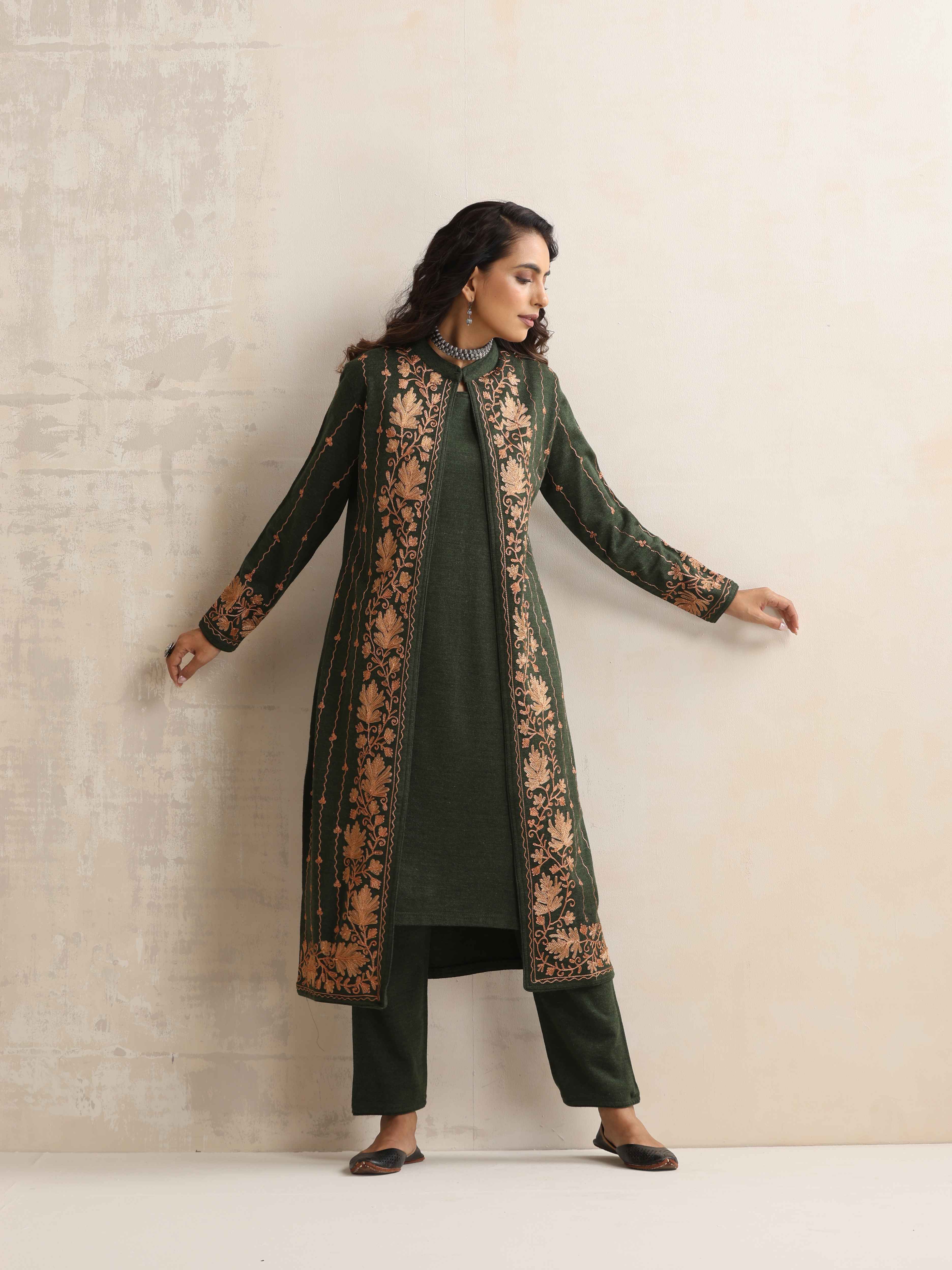 trueBrowns Green Kashmiri Woollen Jacket 3pc Set - Distacart