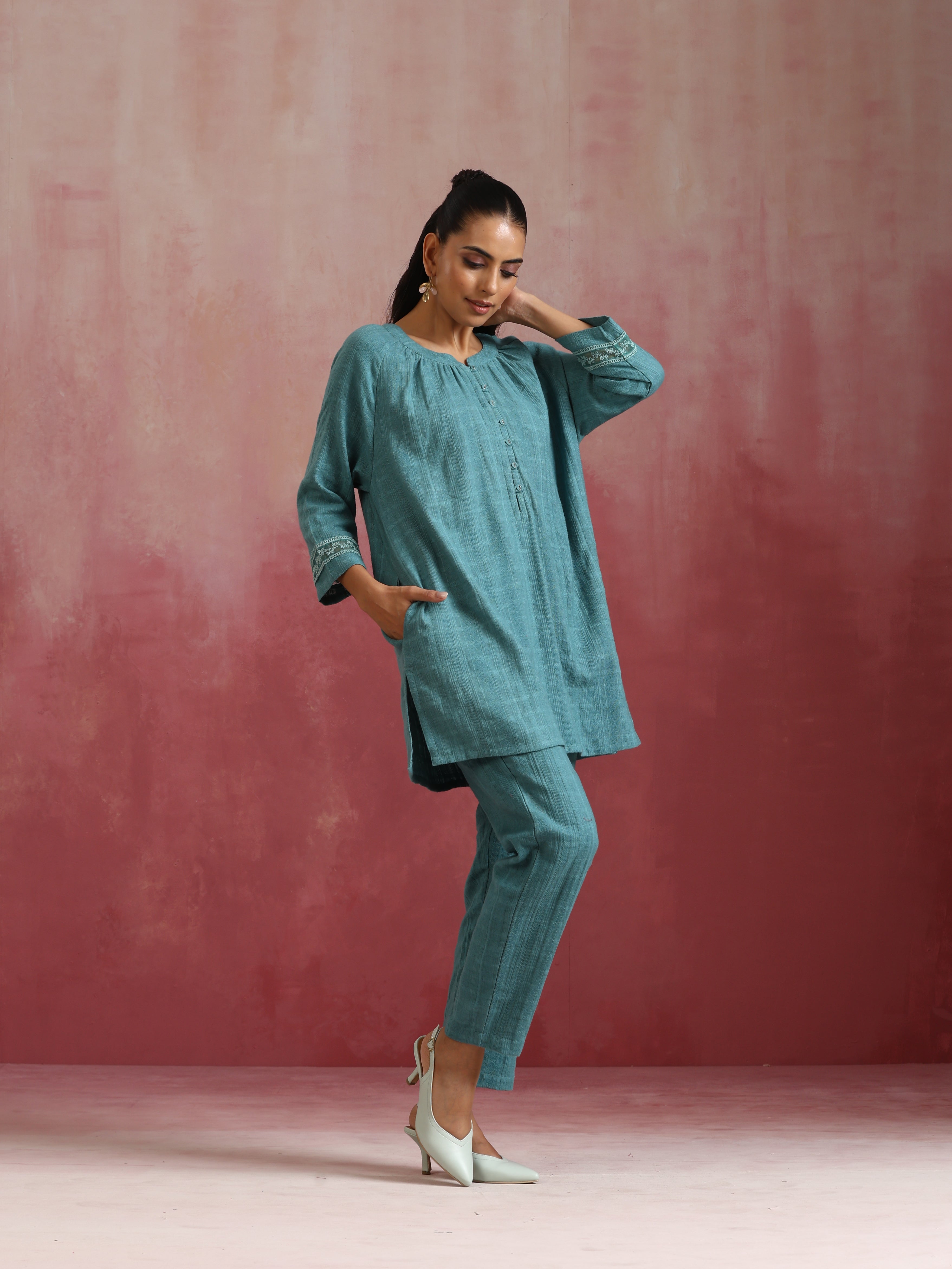 trueBrowns Light Blue Cotton Dobby Co-ord set - Distacart