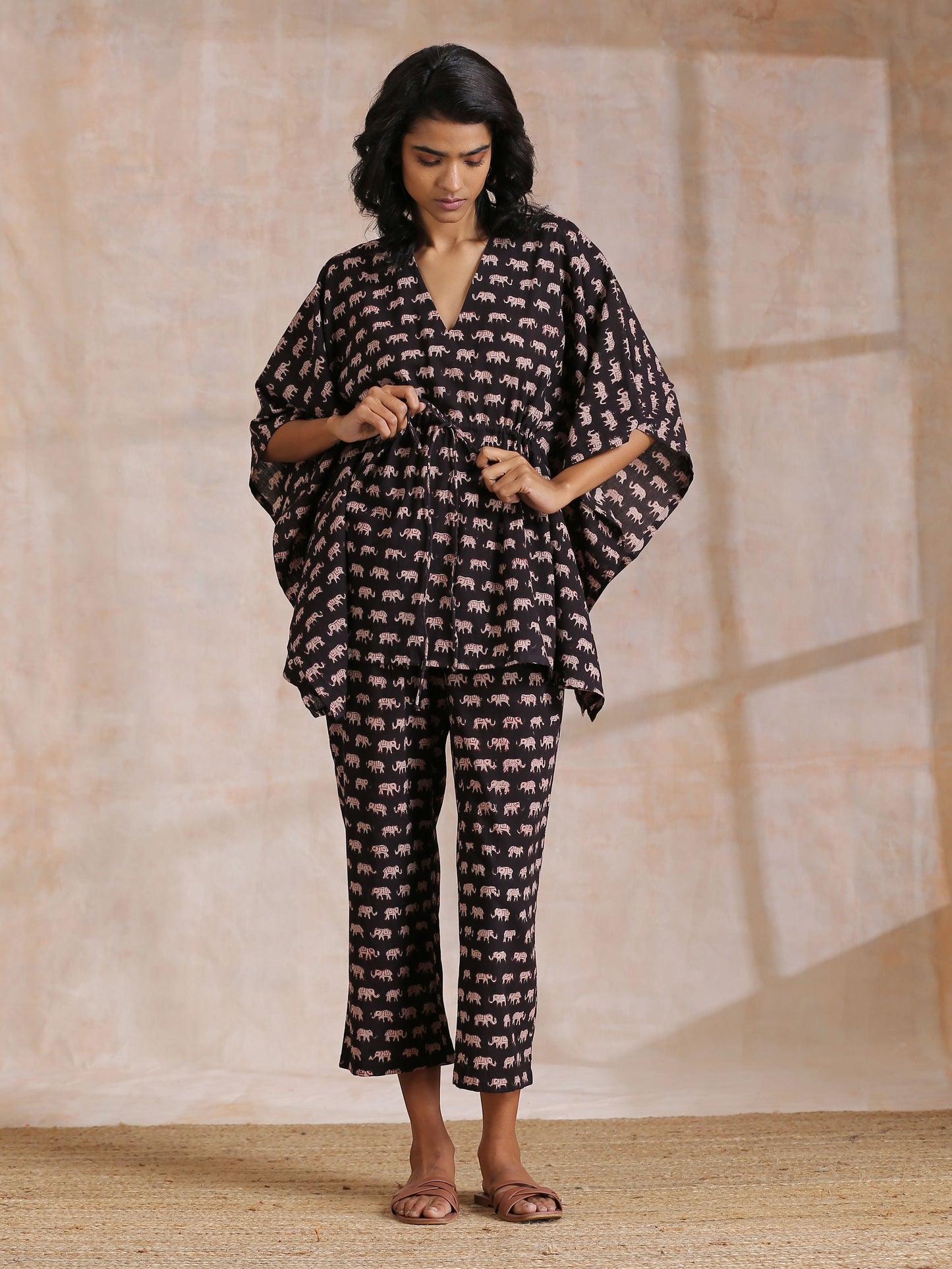 trueBrowns Black Elephant Bagru Print Cotton Kaftan Co-Ord Set - Distacart