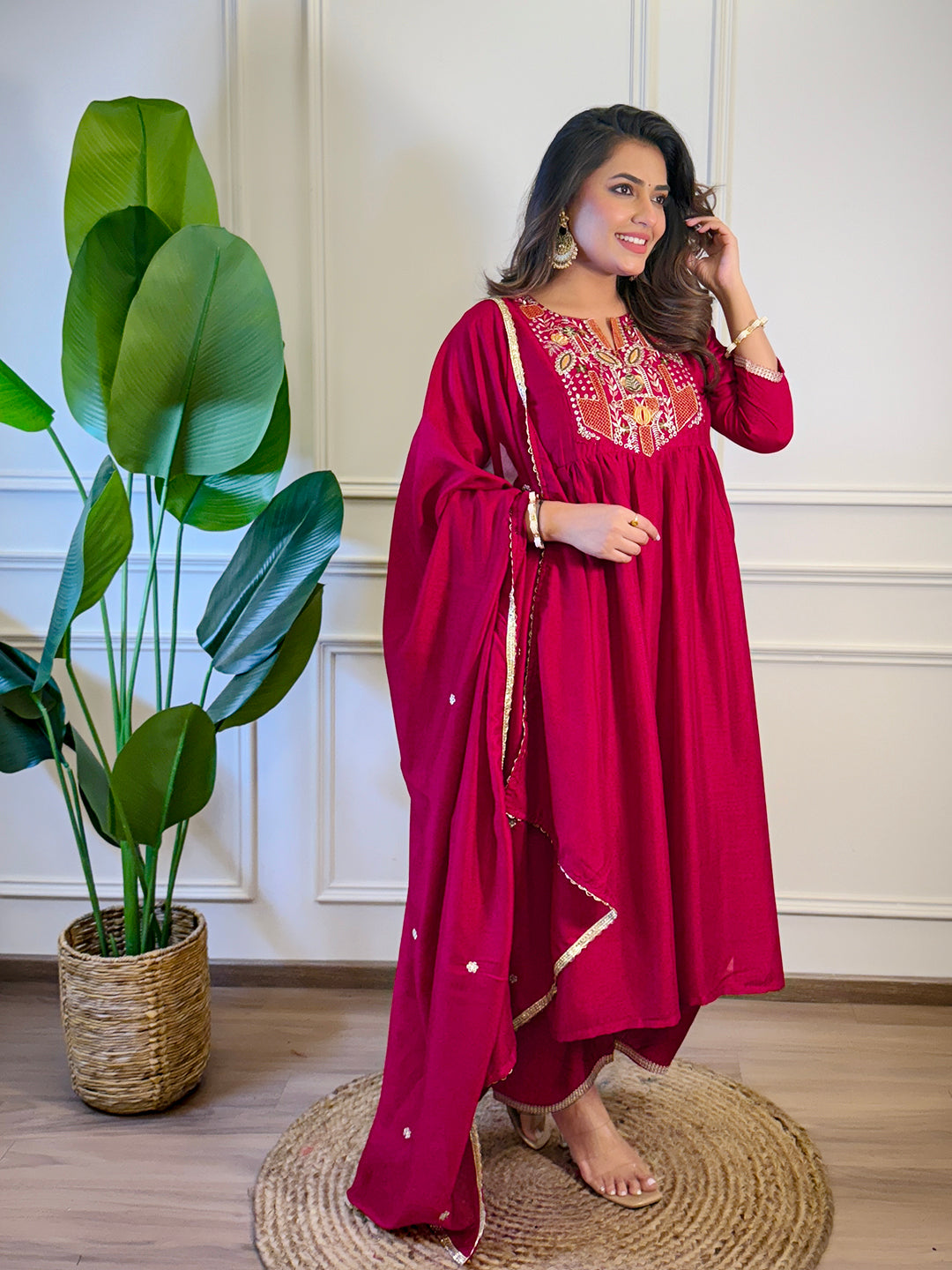 The52 Women's Gorgeous Vichitra Silk Embroidery Flared Kurta with Palazzo And Dupatta Set