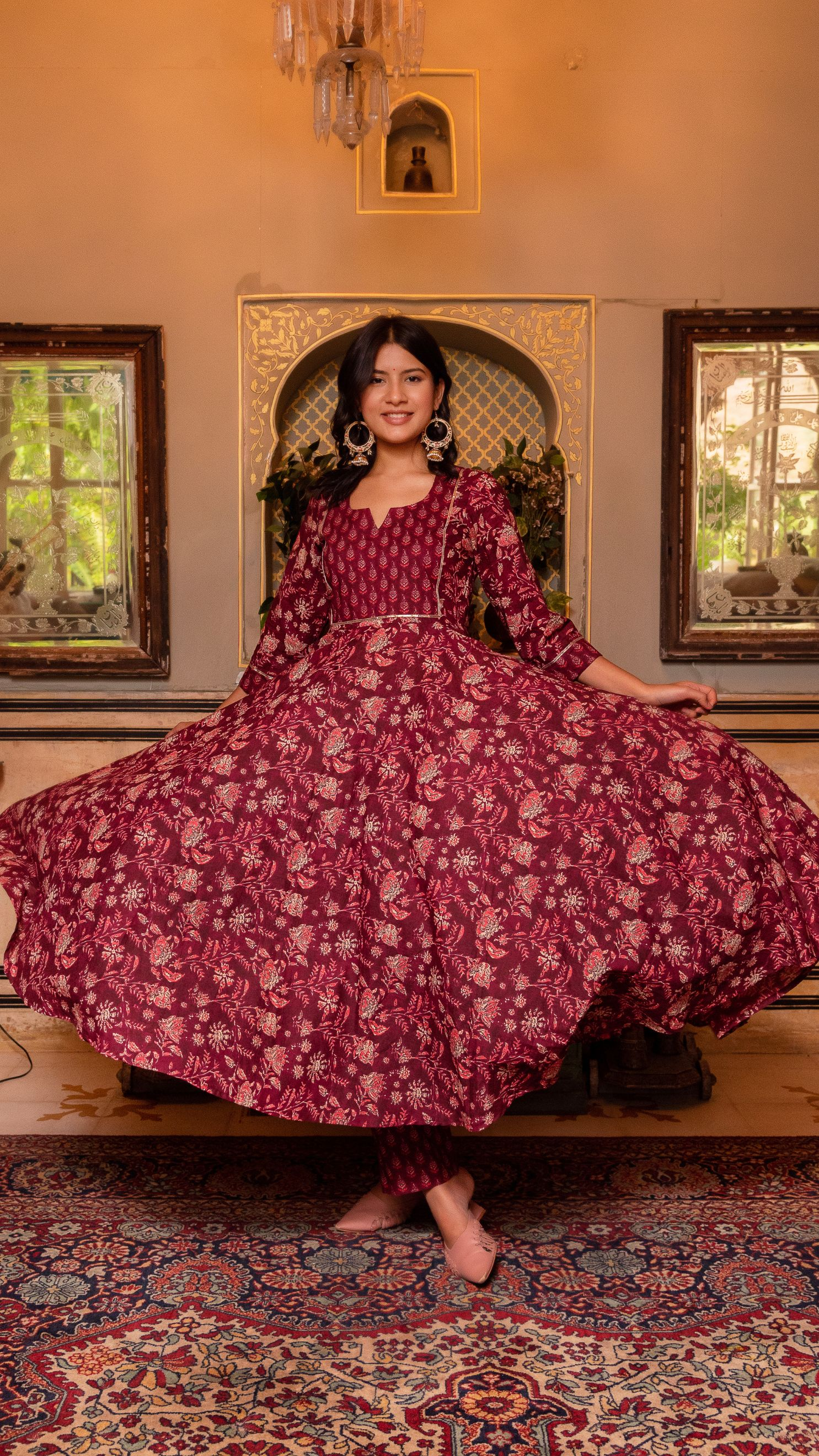 Pomcha Jaipur Gaurangi Maroon Hand Block Print Cotton Anarkali Set - Distacart