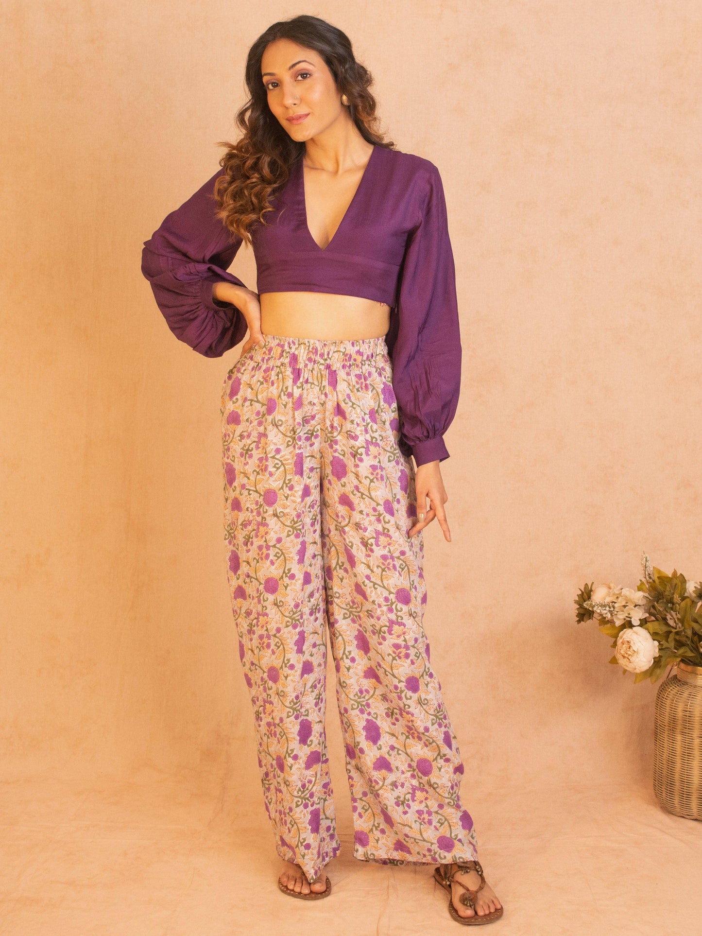trueBrowns Silk Purple Gathered Sleeve Blouse - Distacart