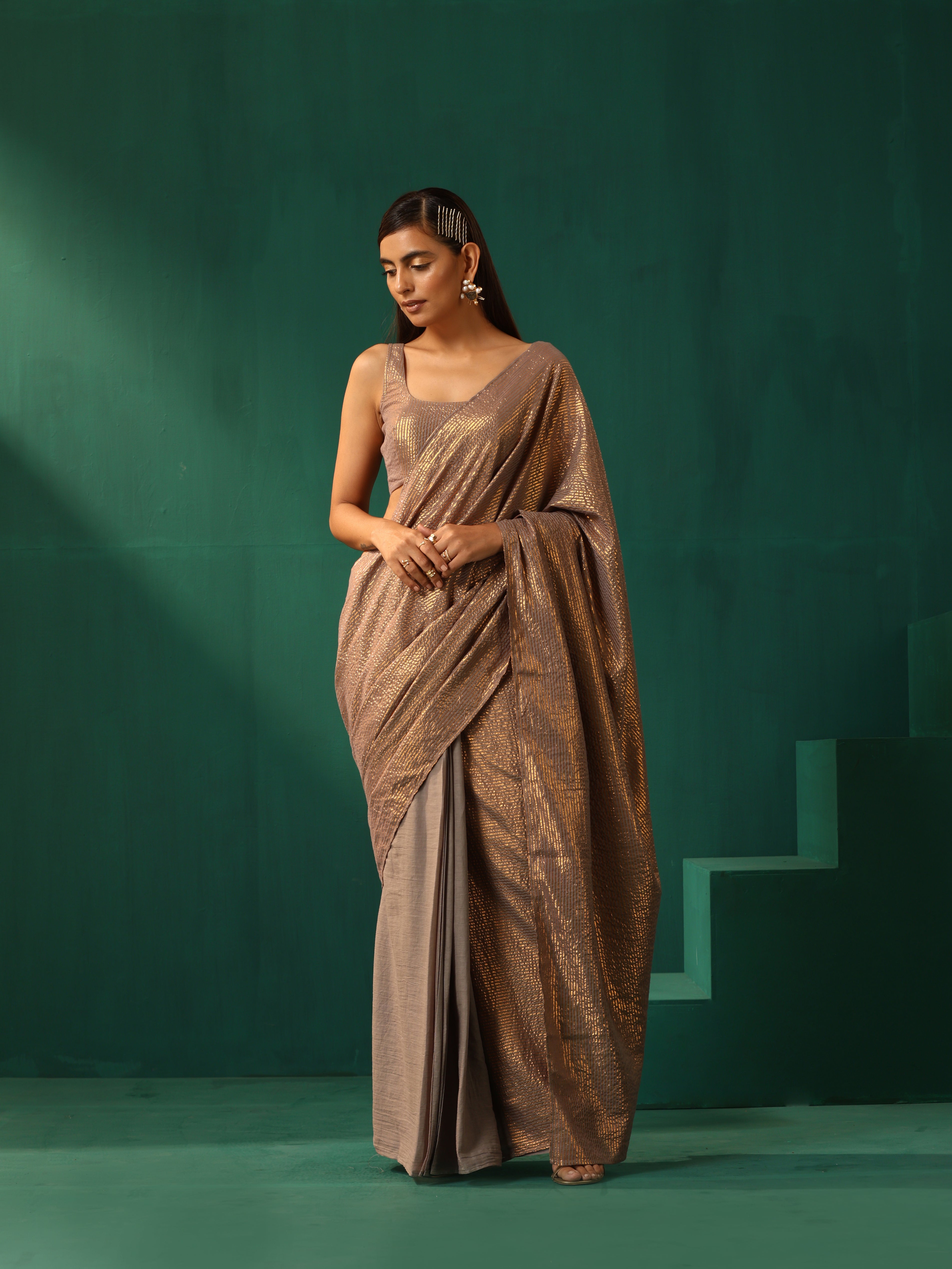 trueBrowns Grey Cotton Gold Lurex Striped Ready to Wear Saree - Distacart