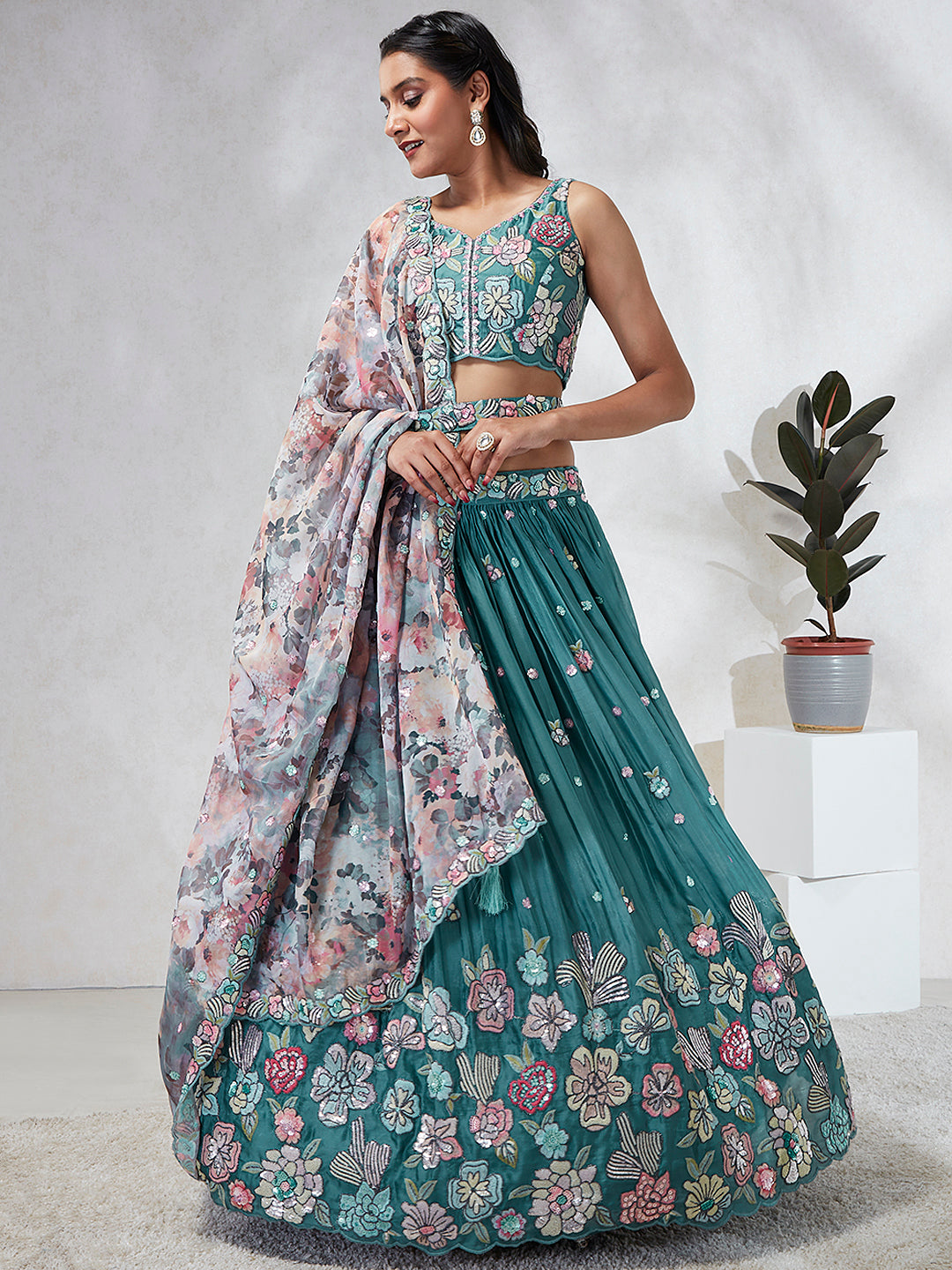 House of Panchhi Turquoise Blue Georgette Sequins And Thread Embroidery Lehenga Choli & Dupatta - Distacart