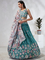Thumbnail for House of Panchhi Turquoise Blue Georgette Sequins And Thread Embroidery Lehenga Choli & Dupatta - Distacart