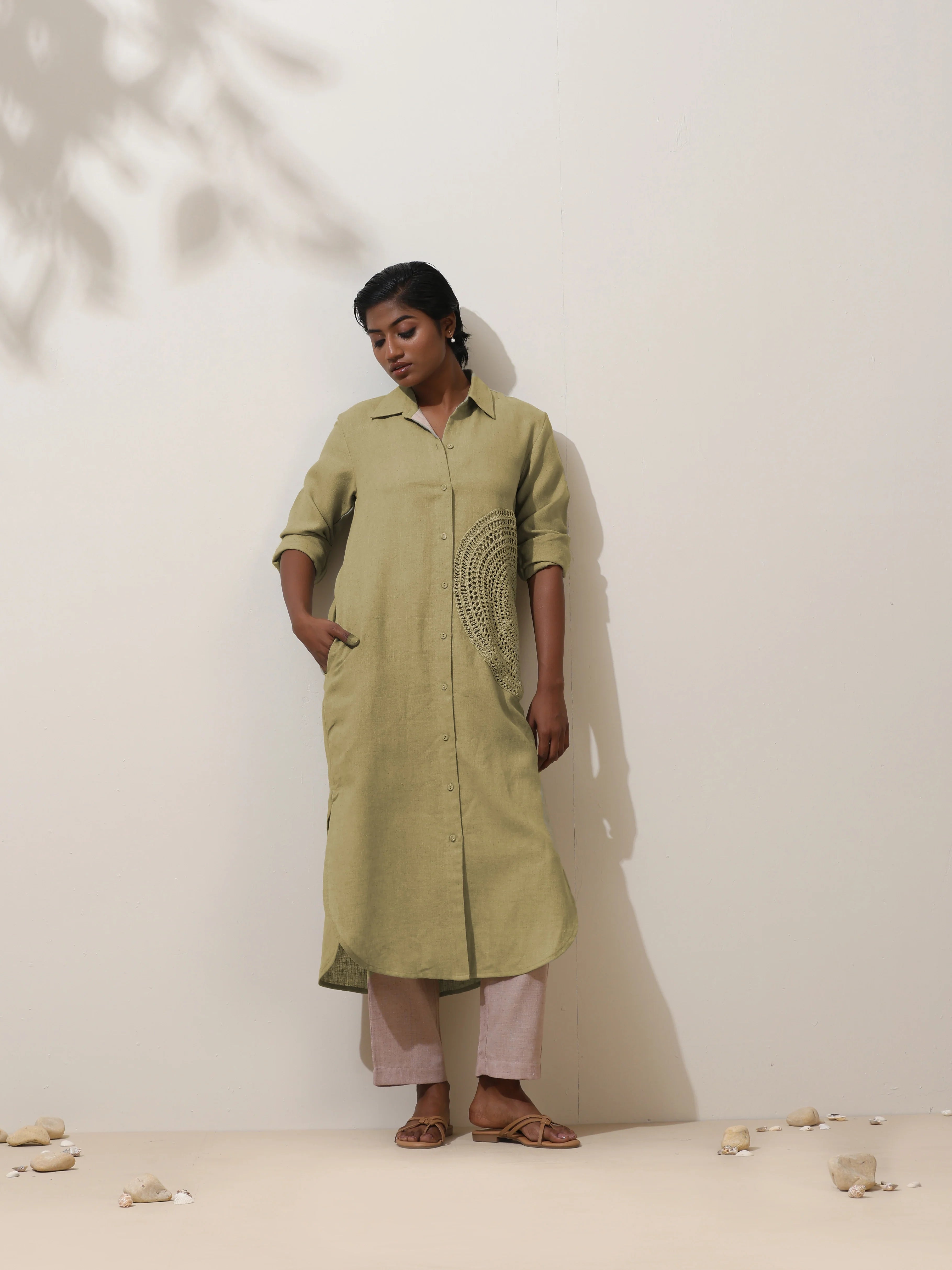 trueBrowns Fern Green Crochet Natural Cotton Kurta Pant Set - Distacart