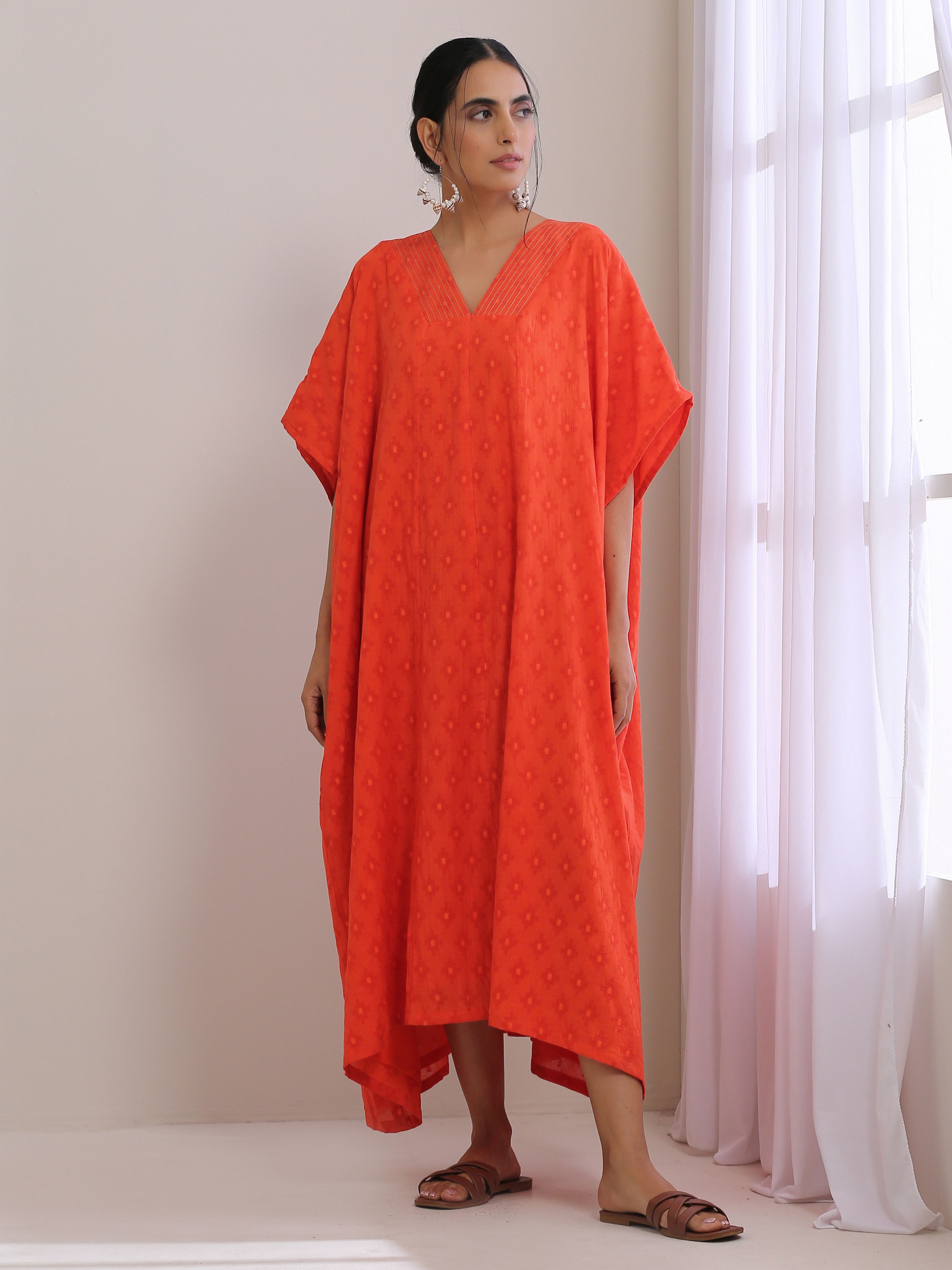 trueBrowns Orange Dobby Panel Kaftan Dress - Distacart