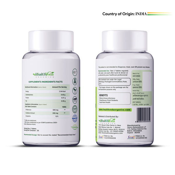 Health Veda Organics D-Mannose + Cranberry Extract Tablets - Distacart