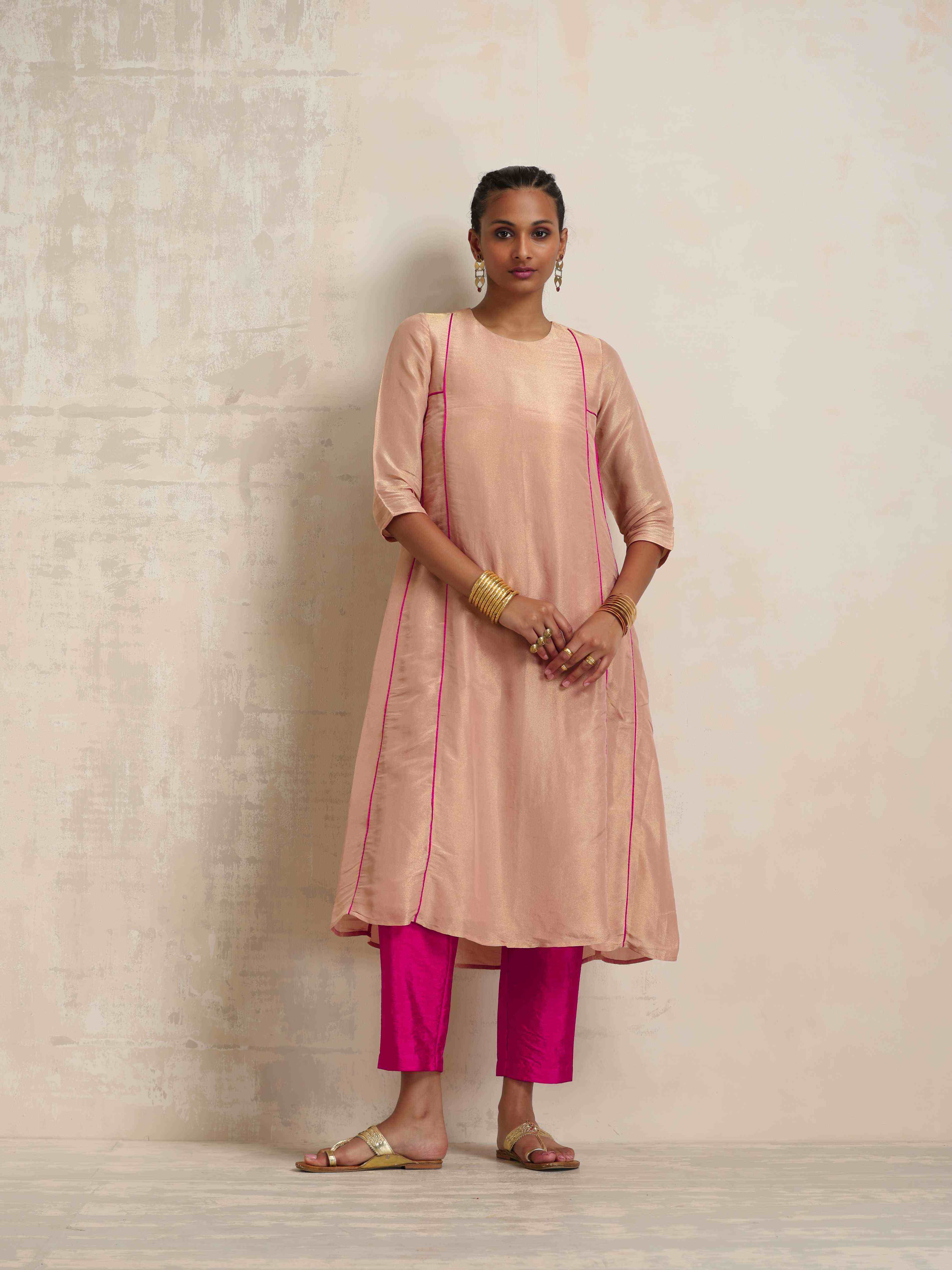 trueBrowns Blush Pink Tissue A-line Kurta Set - Distacart
