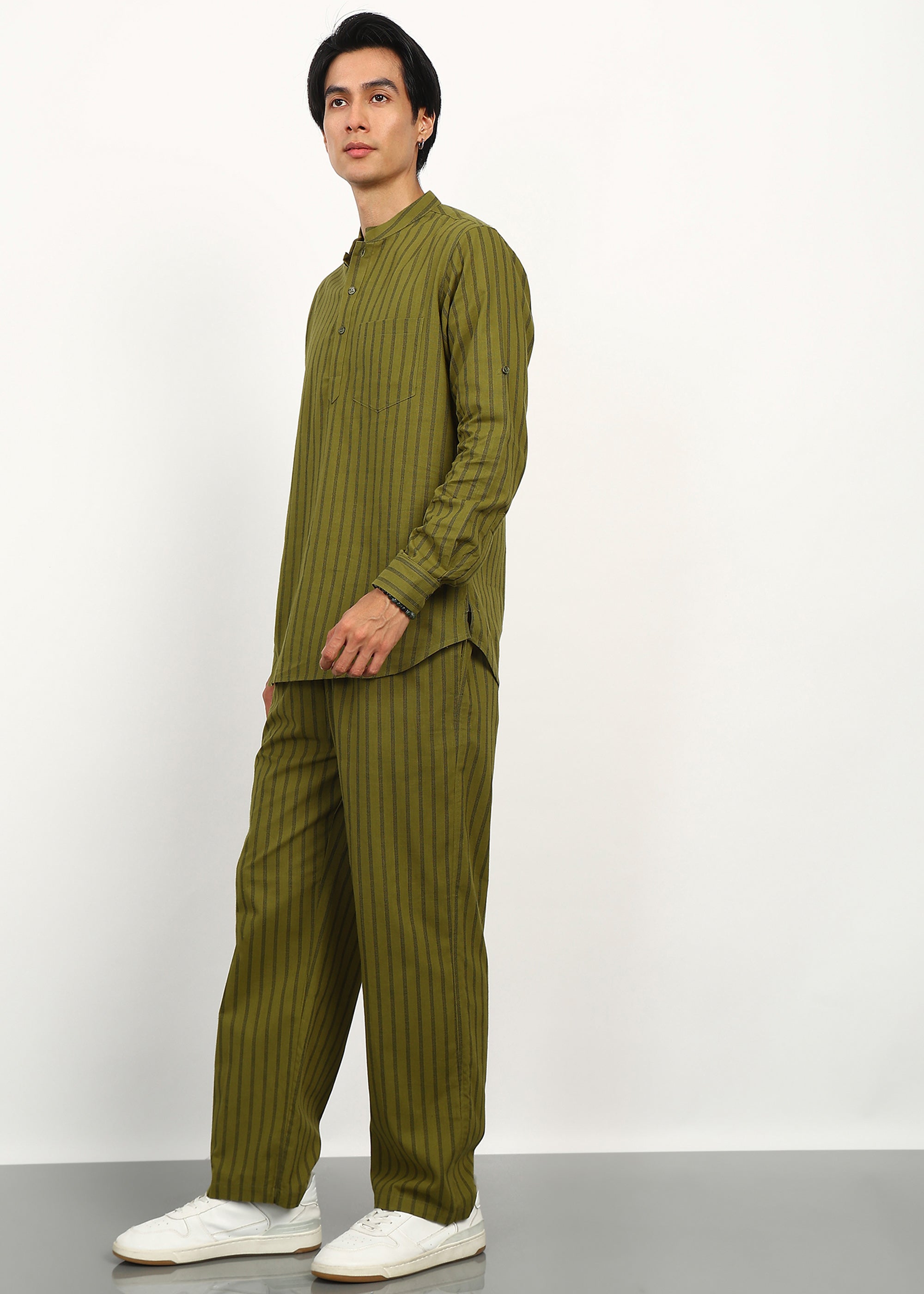 Fabmade Olive Stripe Linen Kurta Set - Distacart