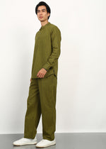 Thumbnail for Fabmade Olive Stripe Linen Kurta Set - Distacart