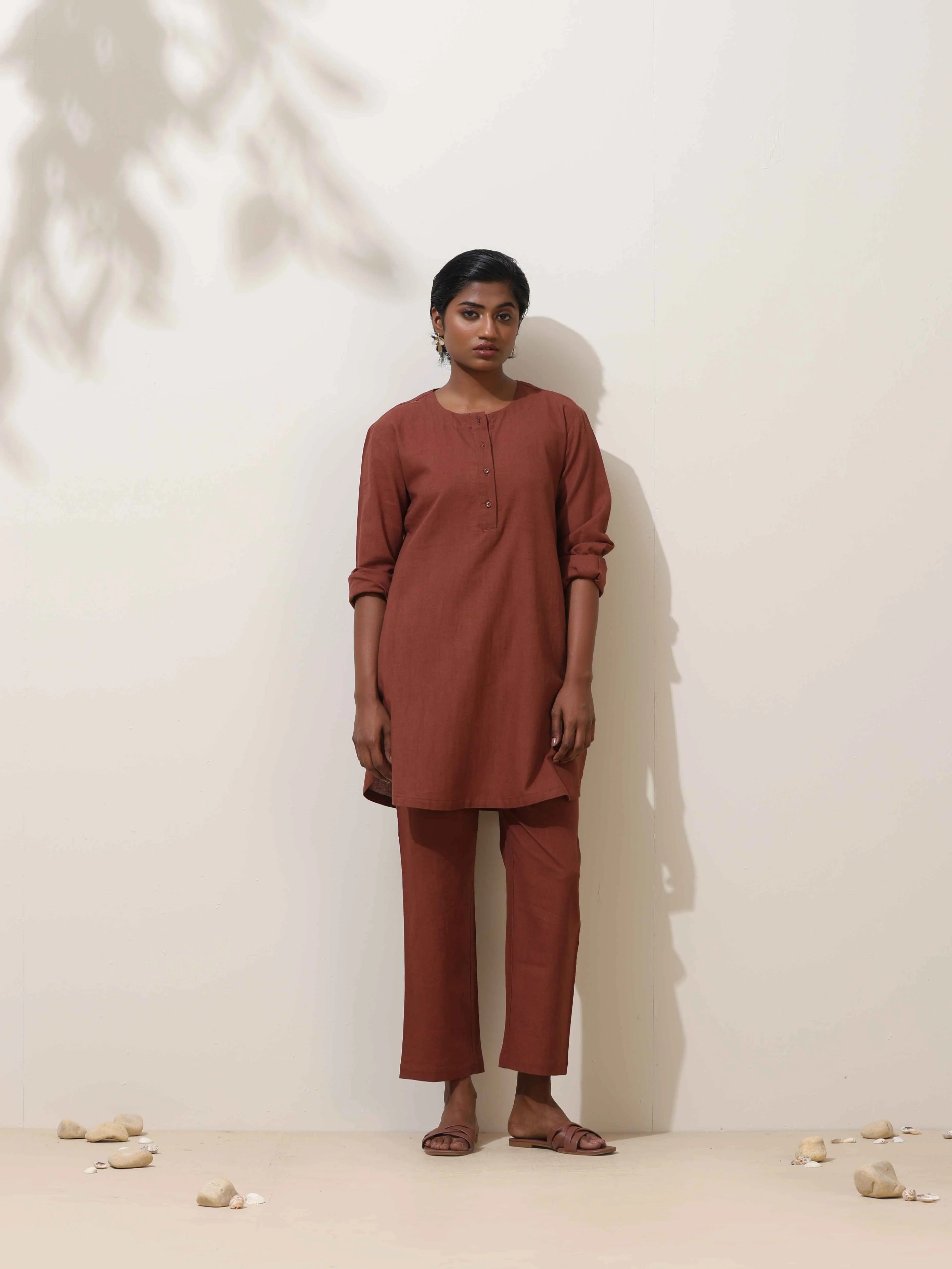 trueBrowns Brown Cotton Linen Kurta Co-Ord Set - Distacart