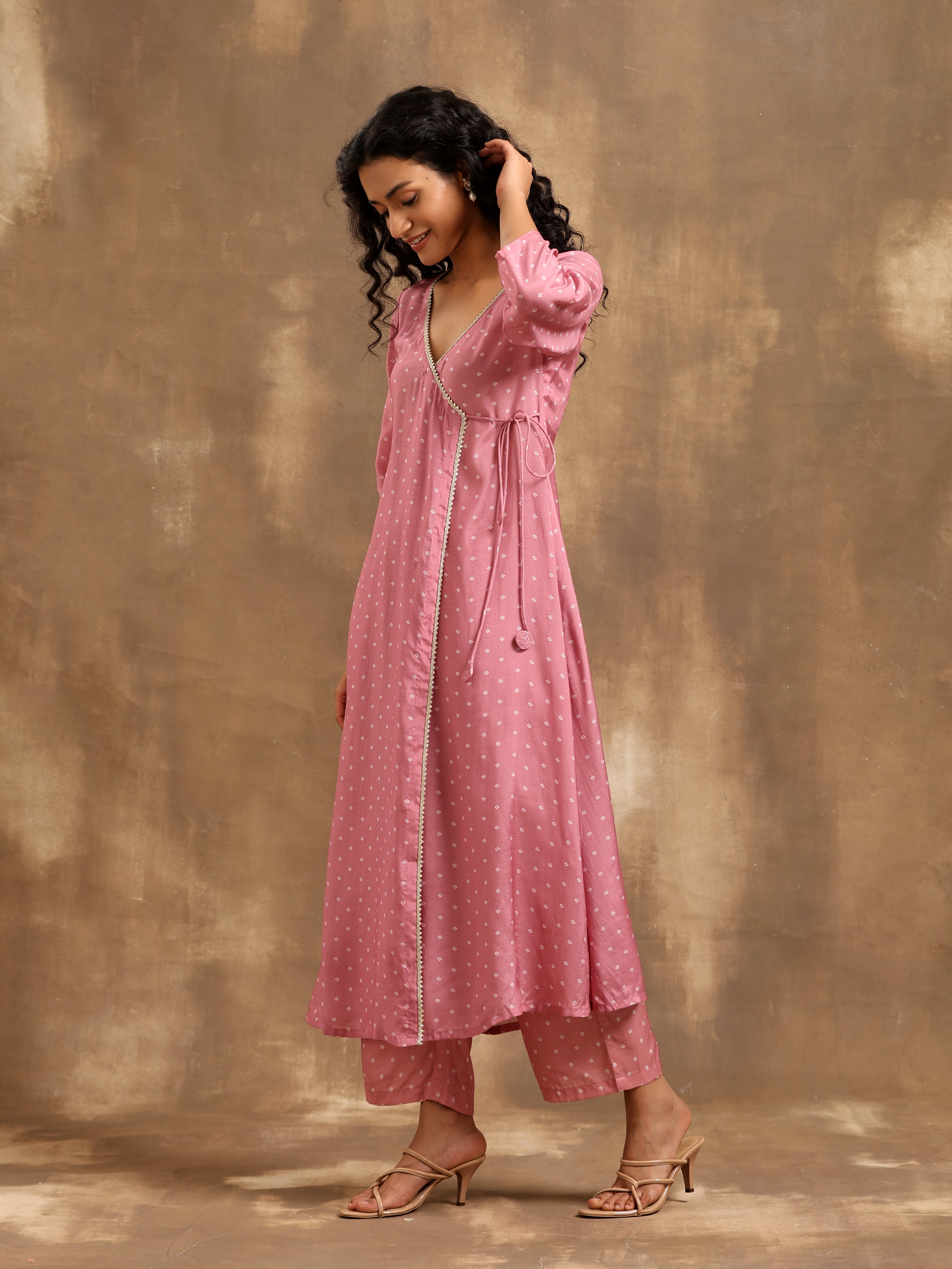 trueBrowns Light Mauve Bandhani Printed Silk Angrakha Kurta Pant Set - Distacart