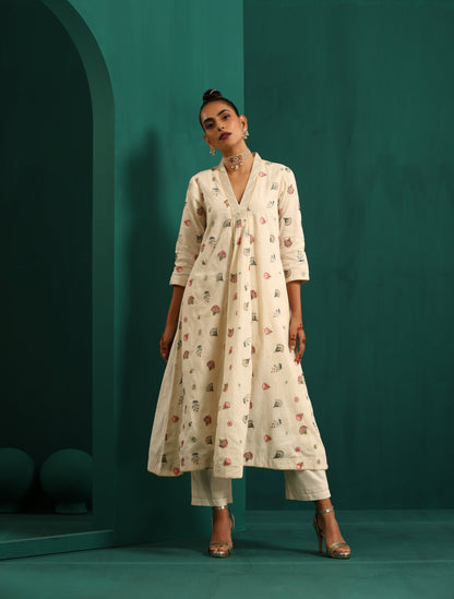 trueBrowns Ivory Multi Color Floral Cotton Front Gathered Kurta Pant Set - Distacart