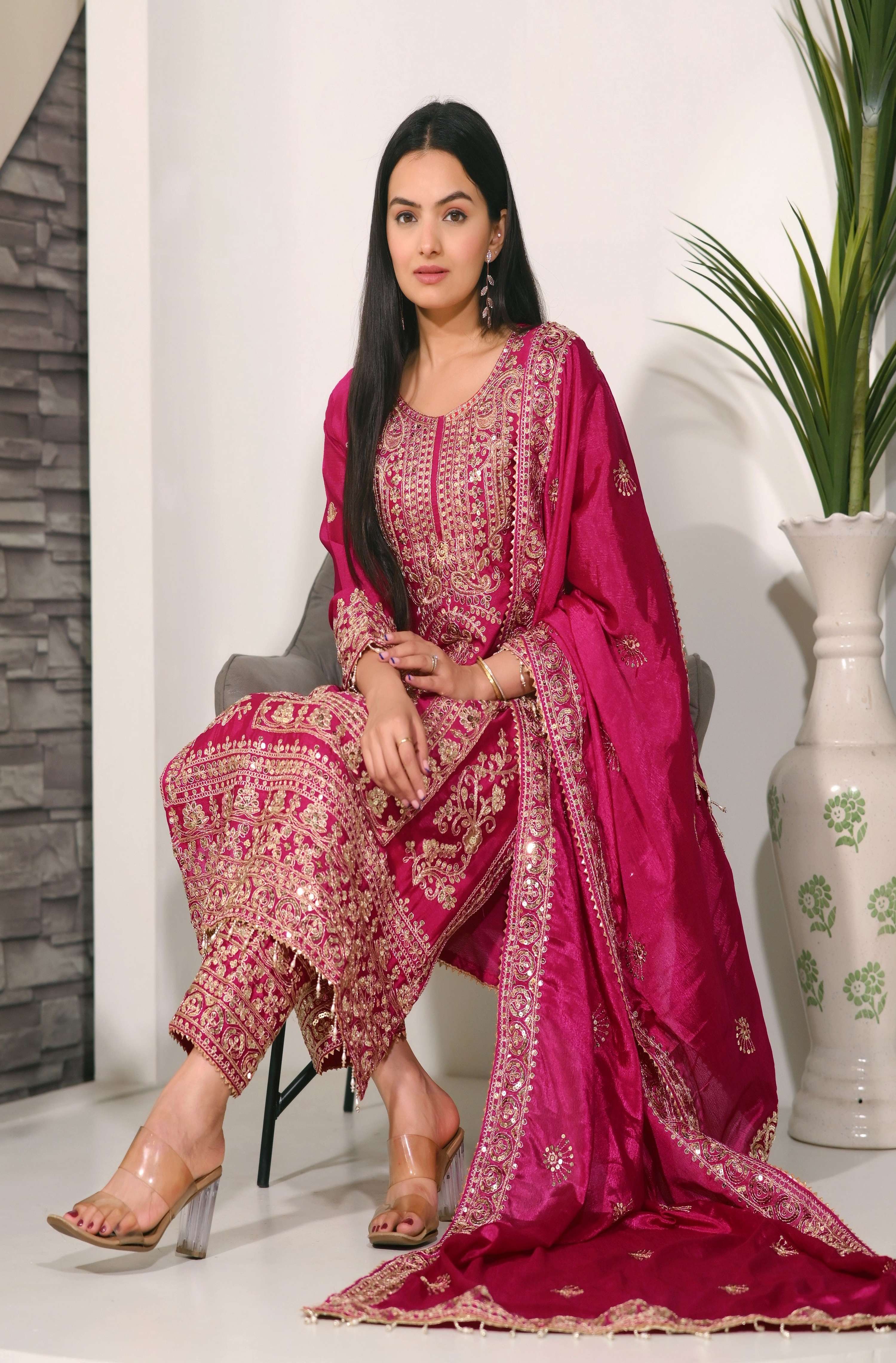 Teeya Creation Rani Color Chinon Silk Heavy Embroidery Work Fully Stitched Salwar Suit - Distacart