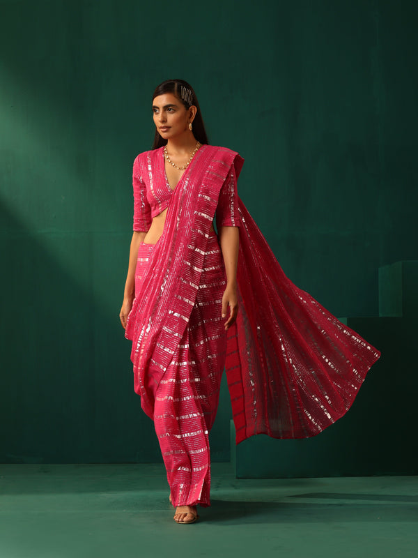 trueBrowns Rani Pink Cotton Silver Lurex Striped Ready to Wear Saree - Distacart