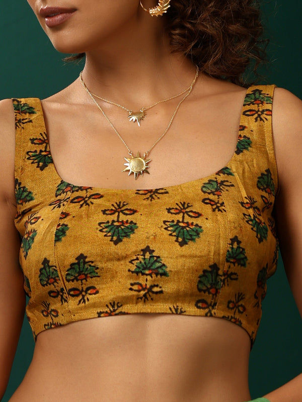 trueBrowns Mustard Muslin Silk Flower Stem Printed Scoop Neck Sleeveless Blouse - Distacart