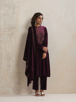Thumbnail for trueBrowns Purple Velvet Floral Embroidered Kurta Pant Dupatta Set