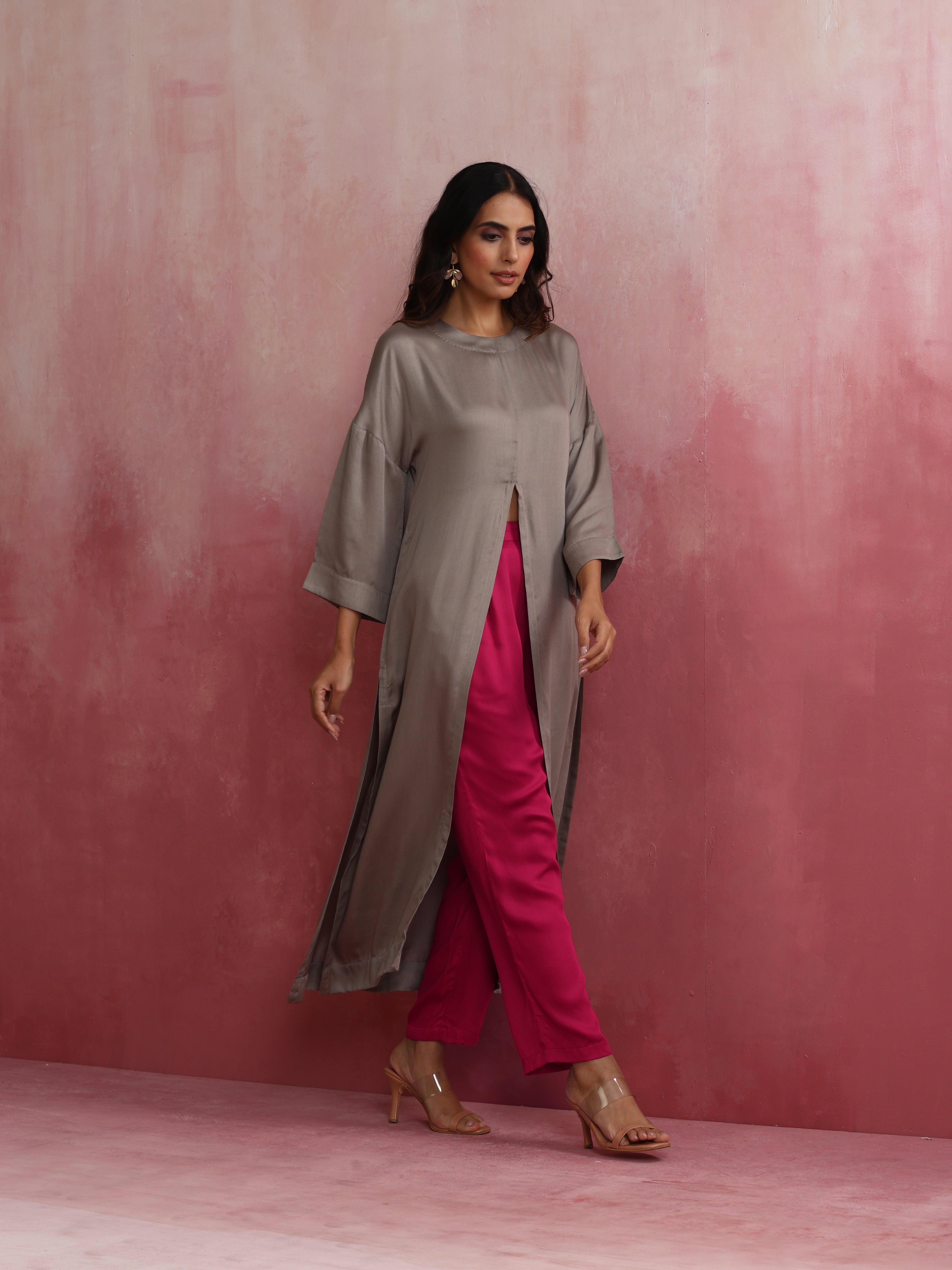 trueBrowns Grey High Slit Modal Kurta Set - Distacart
