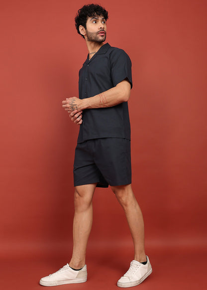 Fabmade Midnight Black Cuban Collar Co-Ord Set - Distacart