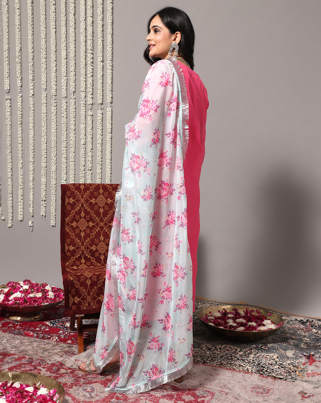 Varanga Women Pink Floral Embroidered Regular Chanderi Silk Kurta With Trousers & With Dupatta - Distacart