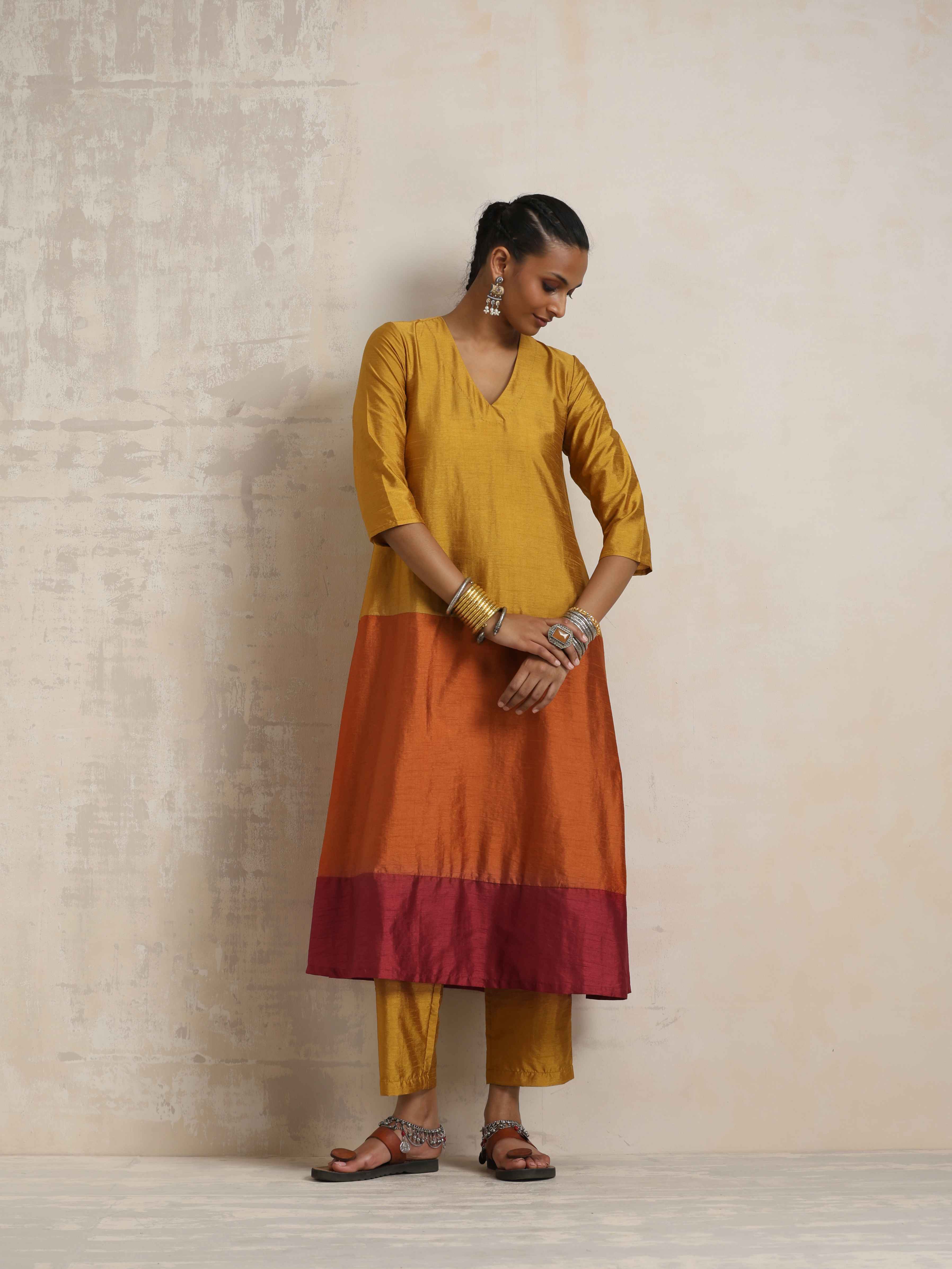 trueBrowns Gold Orange Silk A-line Kurta Set - Distacart