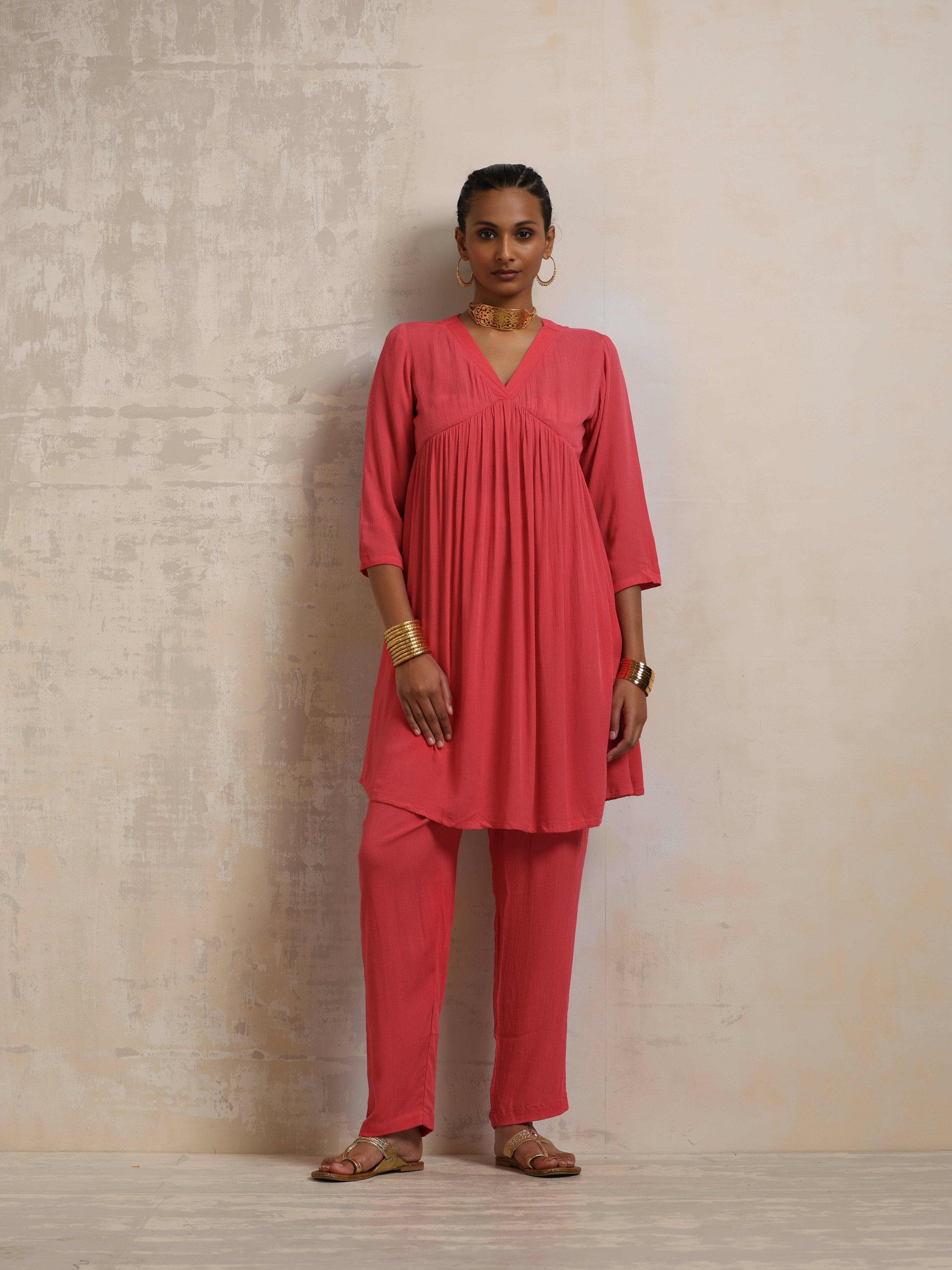 trueBrowns Peach Crinkle Flared Kurta Co-ord Set - Distacart