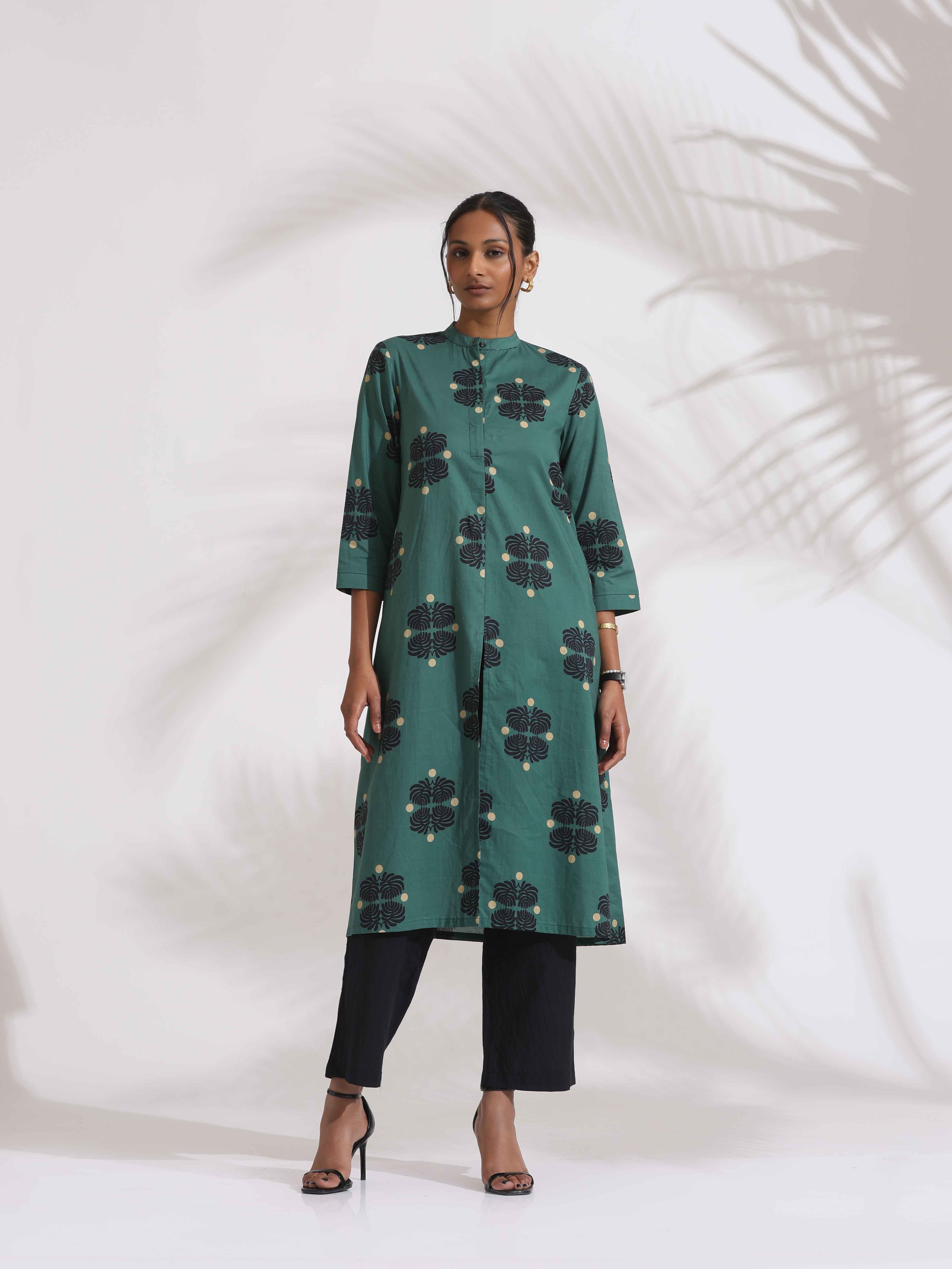 trueBrowns Green Cotton Print Front Slit Kurta Set - Distacart