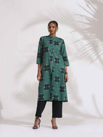 Thumbnail for trueBrowns Green Cotton Print Front Slit Kurta Set