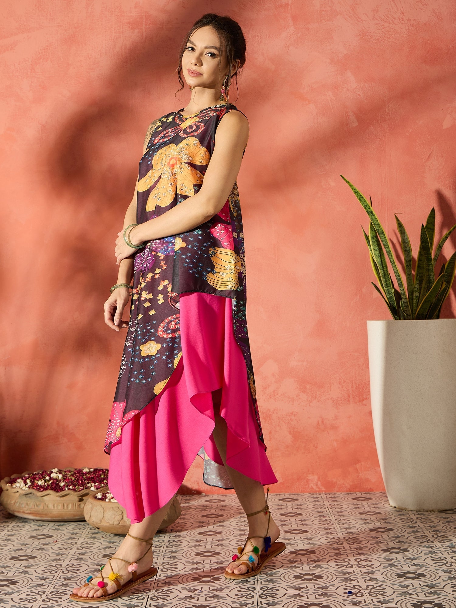 InWeave Black Floral Fuchsia Asymmetrical Dress - Distacart