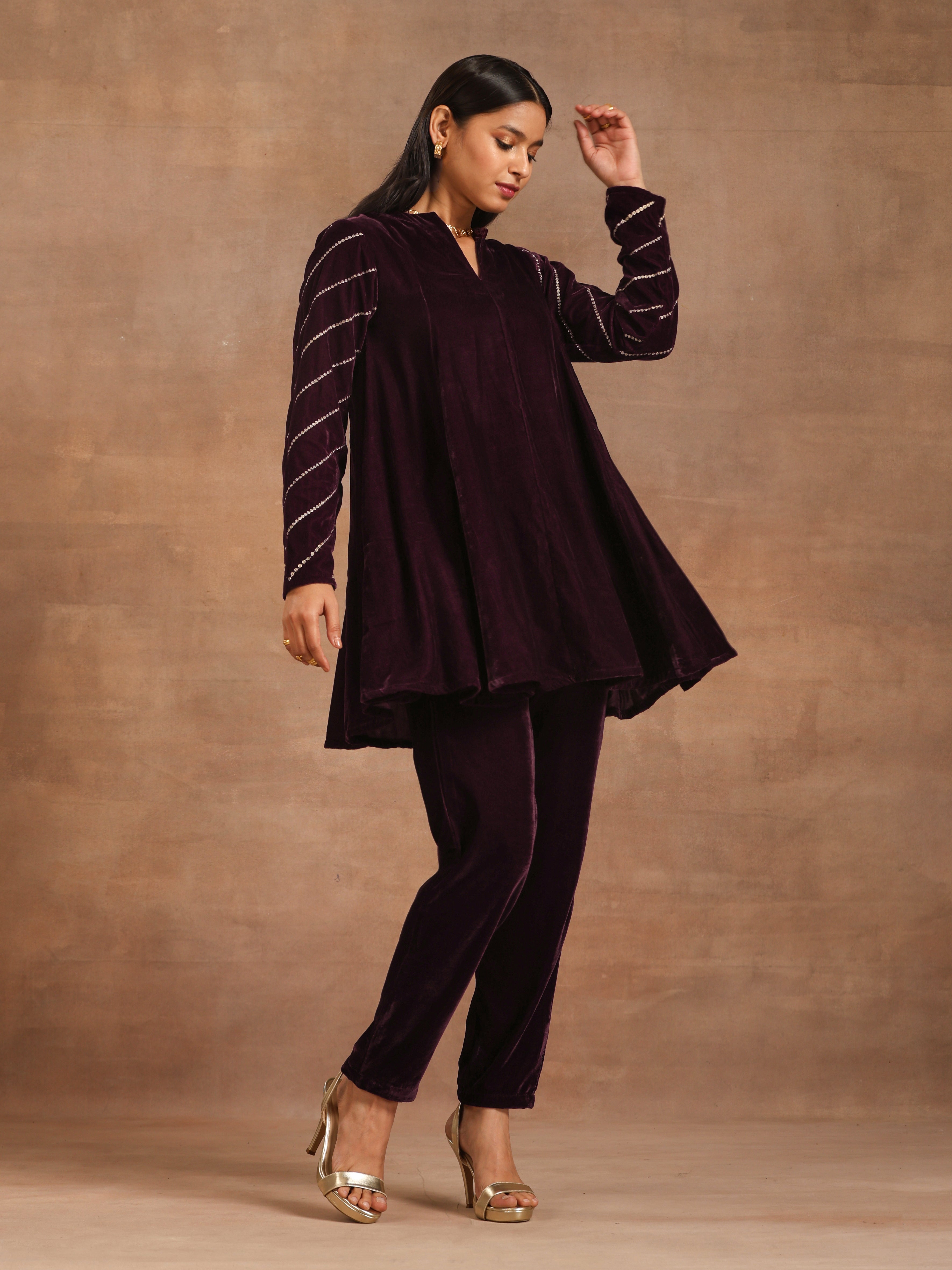 trueBrowns Wine Velvet Sleeve Embroidered Co-ord Set - Distacart