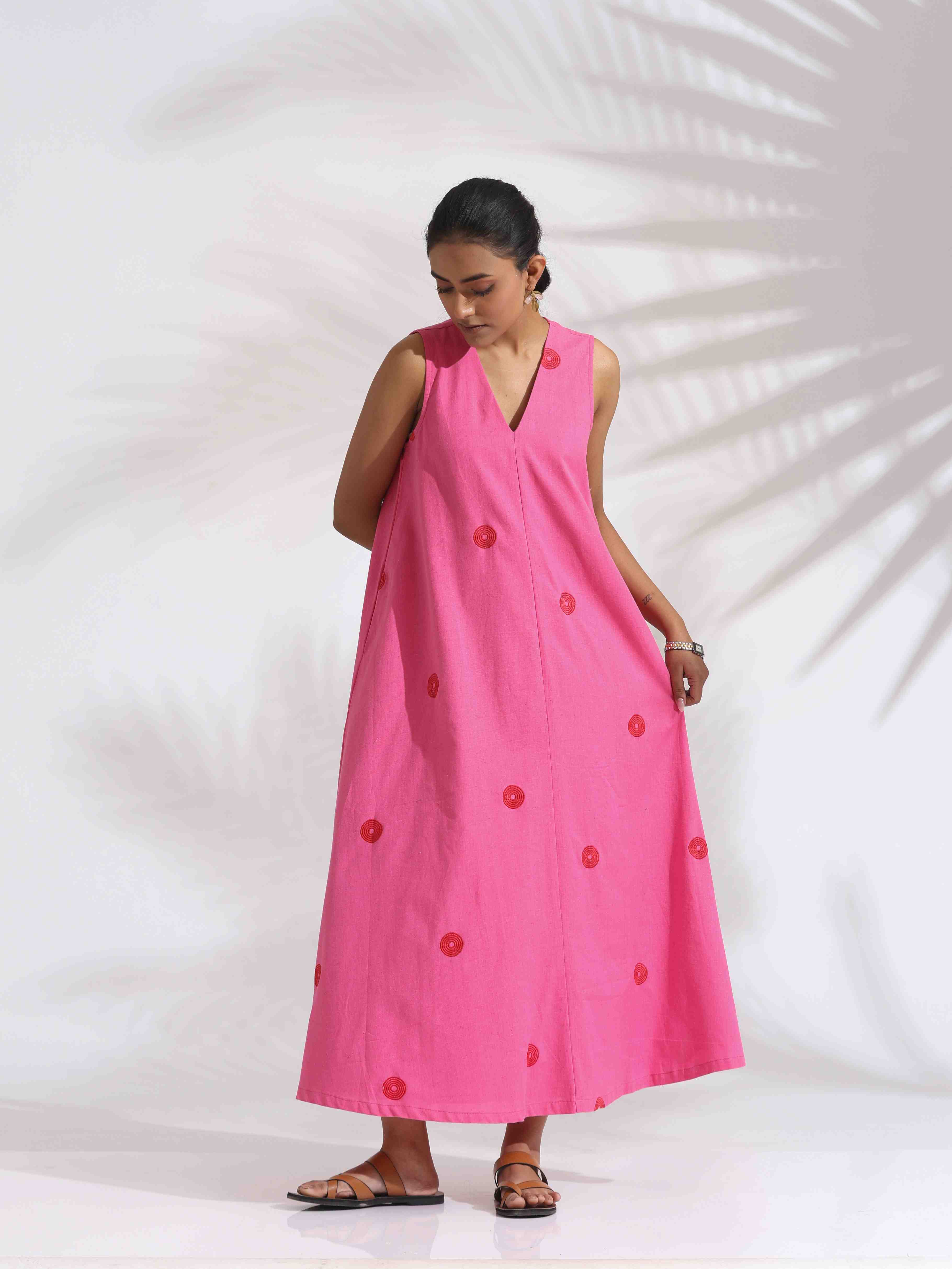 trueBrowns Pink Cotton Embroidered Flared Dress - Distacart