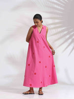 Thumbnail for trueBrowns Pink Cotton Embroidered Flared Dress