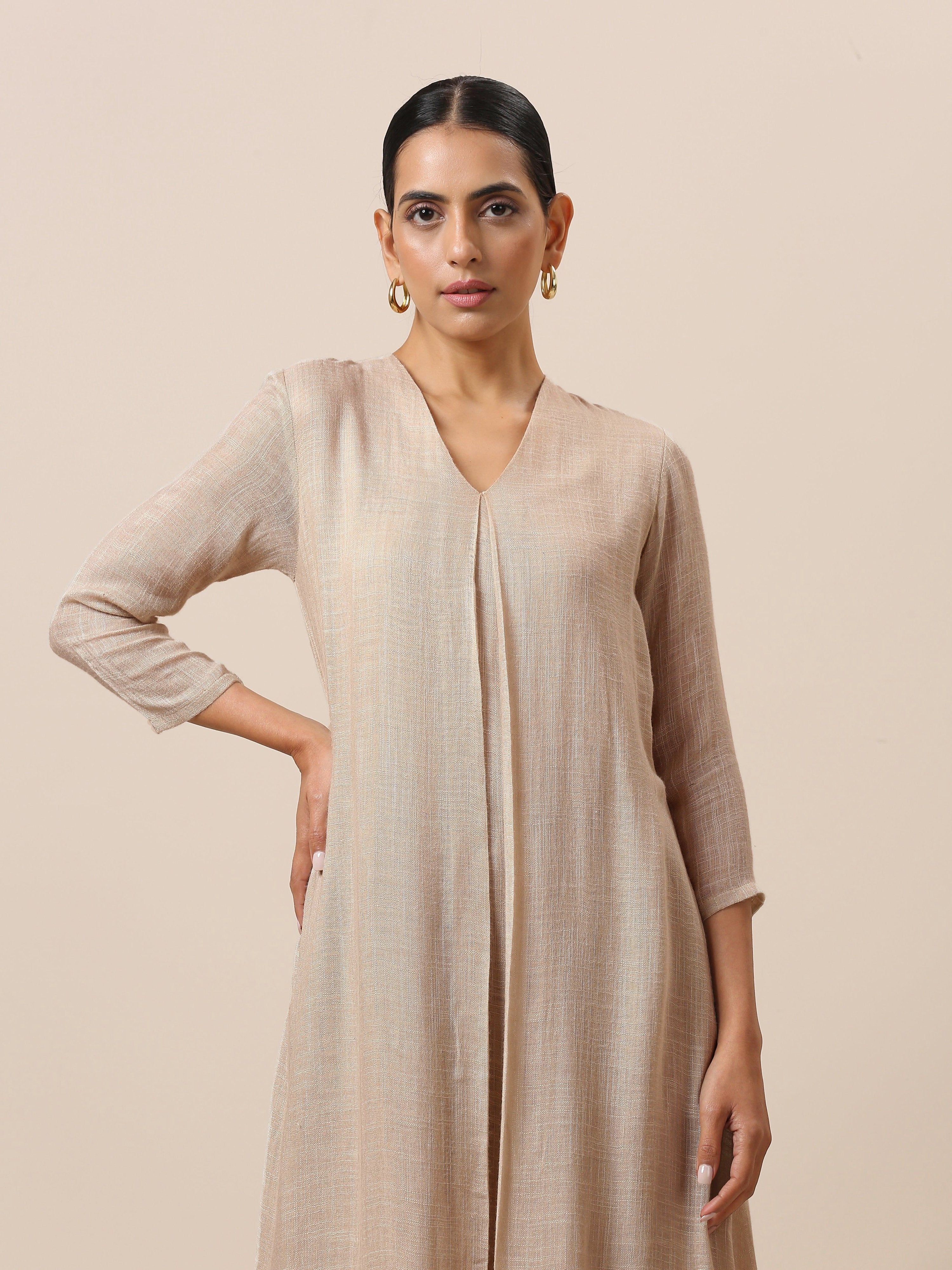 trueBrowns Linen Beige Textured Slit Kurta Pant Set - Distacart