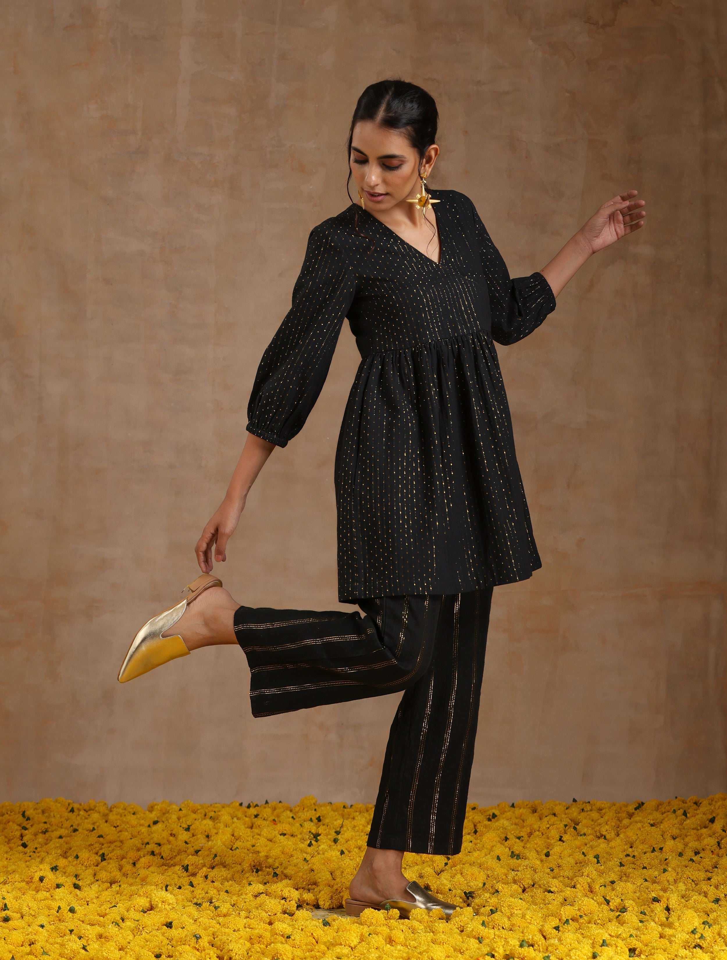 trueBrowns Black Gold Cotton Overlap Co-Ord Set - Distacart