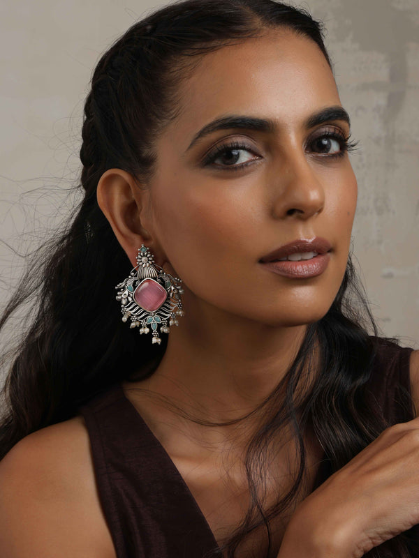 trueBrowns Silver Tone Pink Stone Pearl Drop Earrings - Distacart
