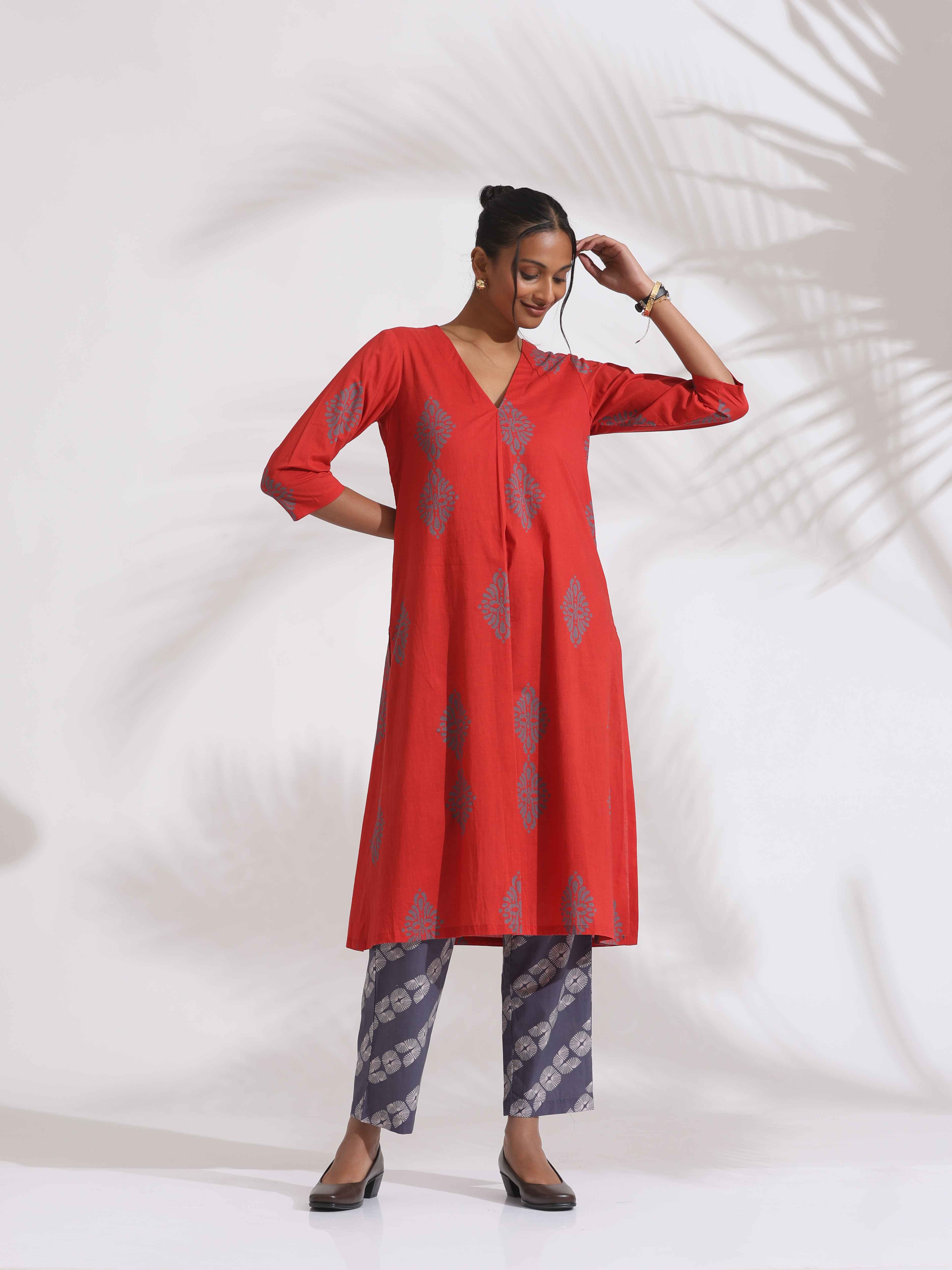 trueBrowns Red Cotton Print Kurta Set - Distacart