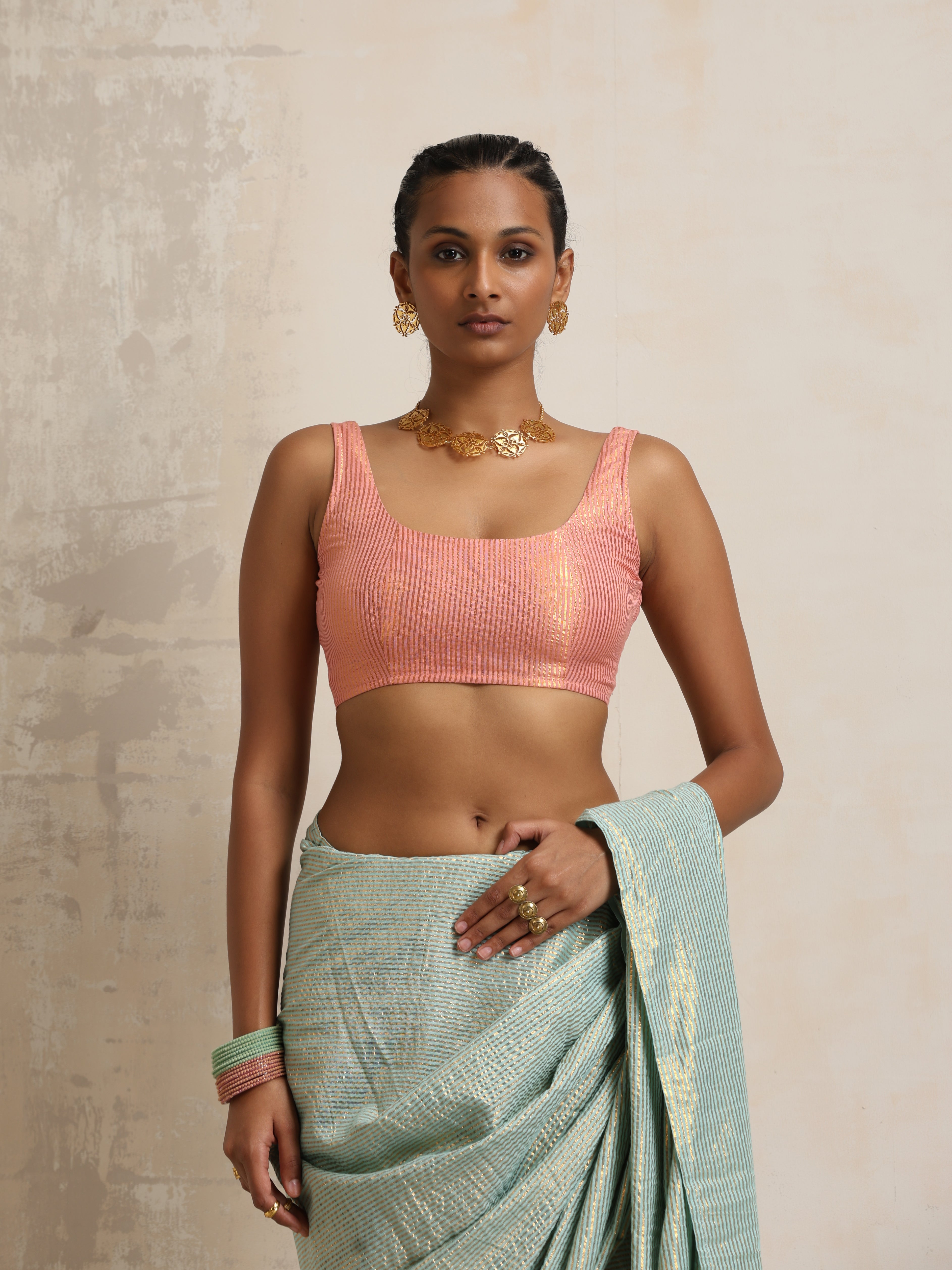 trueBrowns Peach Gold Metallic Blouse - Distacart