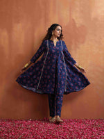 Thumbnail for trueBrowns Blue Floral Print Flared Anarkali Kurta Co-ord Set